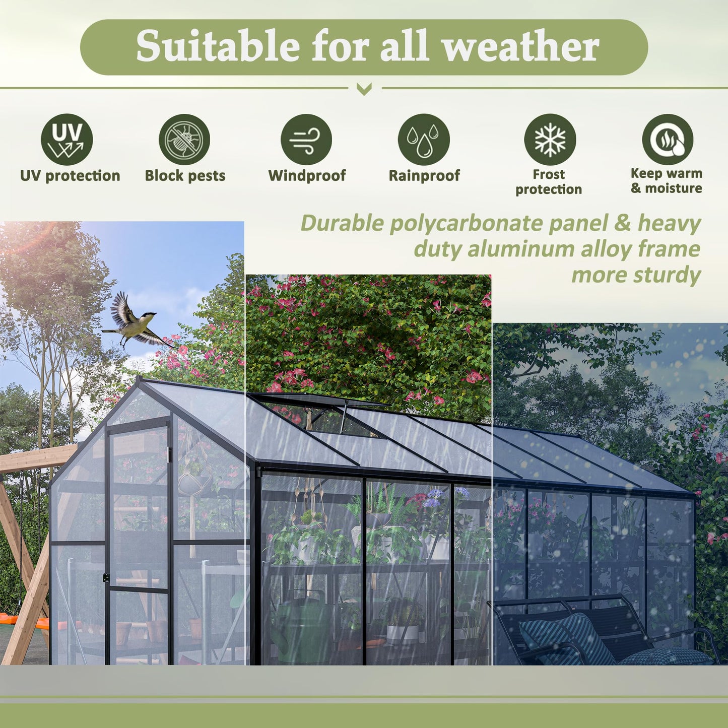 KEIKI 6x12 FT Greenhouse for Outdoors, Heavy Duty Polycarbonate Greenhouse, Large Walk-in Green House with Double Doors and Two Ventilation Windows for Outside Green House Garden Backyard