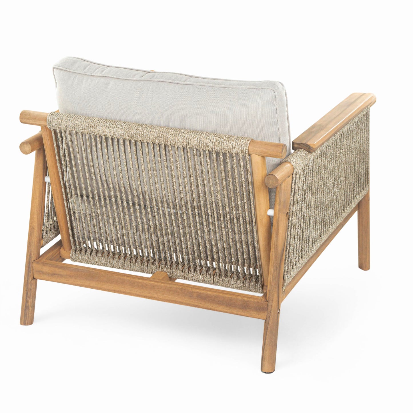 Merax Outdoor Acacia Wood Lounge Chair w/Cushions Set of 2, Patio Club Chair with Rope & Sturdy Wood Legs, All-Wearther Singe Sofa Chair for Porch, Lawn, Backyard, Balcony, Teak+ Beige