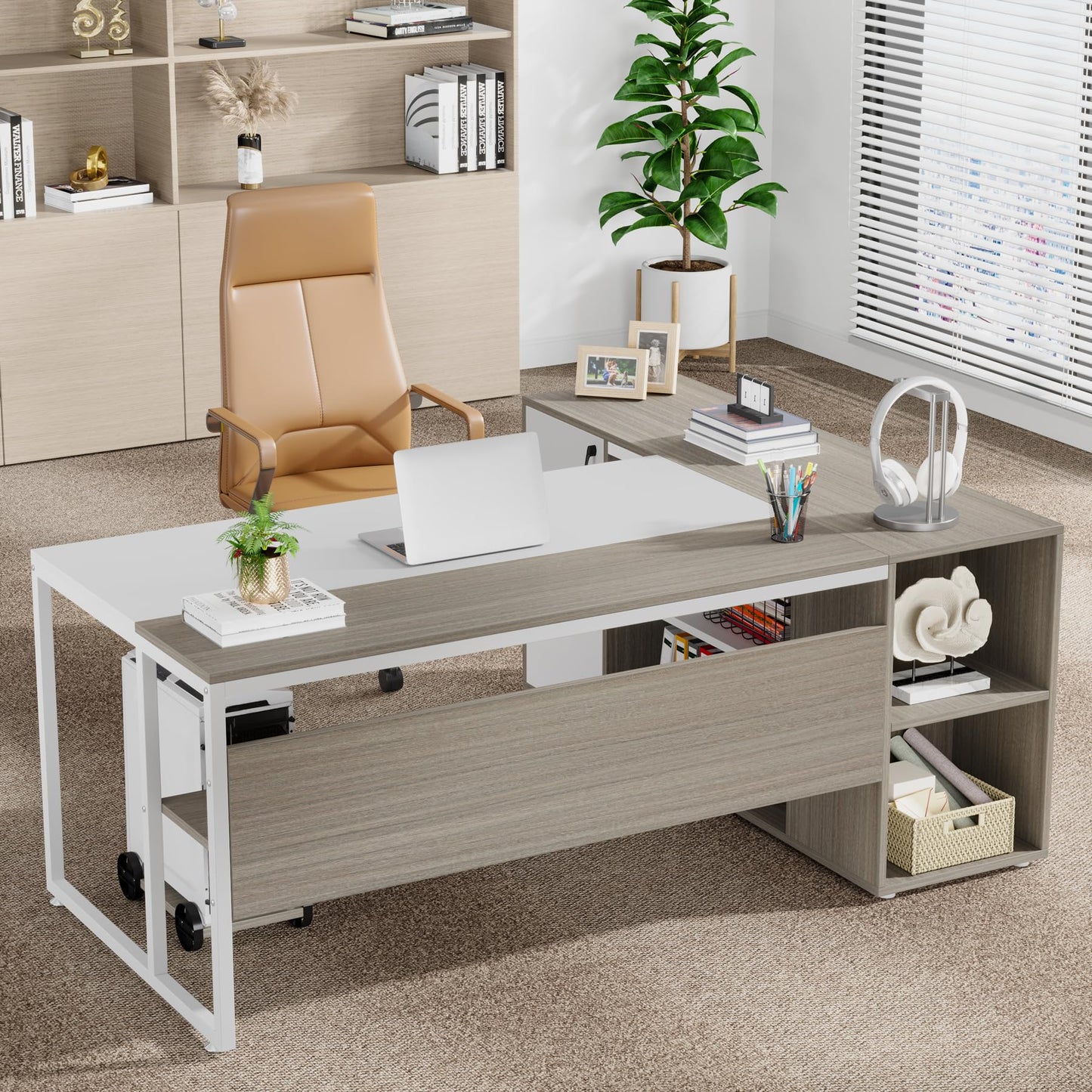 Tribesigns 71 inch Executive Desk, L Shaped Desk with Cabinet Storage, Executive Office Desk with Shelves, Business Furniture Set Workstation for Home Office, Gray and White