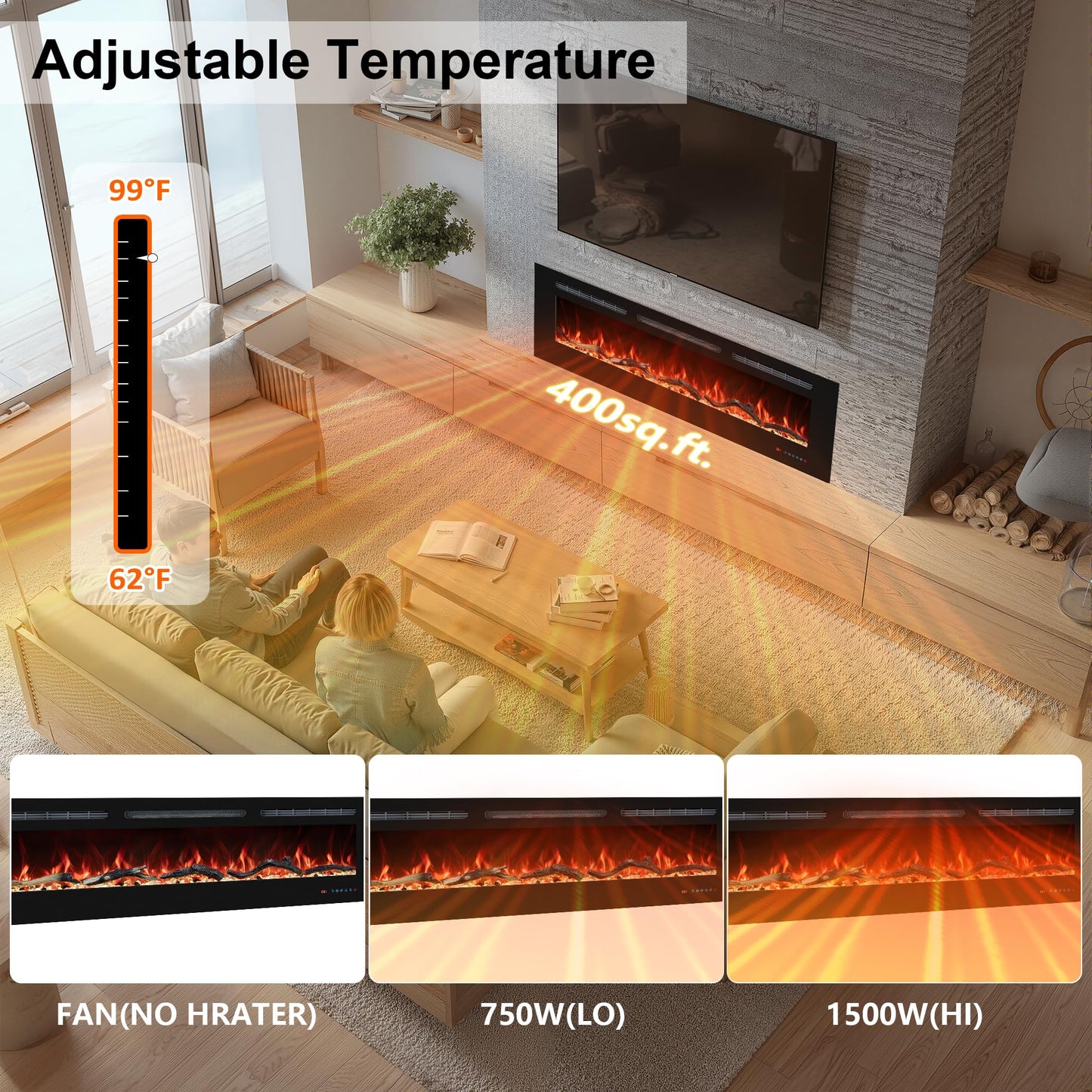42" Electric Fireplaces Inserts, Recessed & Wall-Mounted Fireplace Heater with Thermostat, Multicolor Flames,Timer, Log & Crystal, 750/1500W