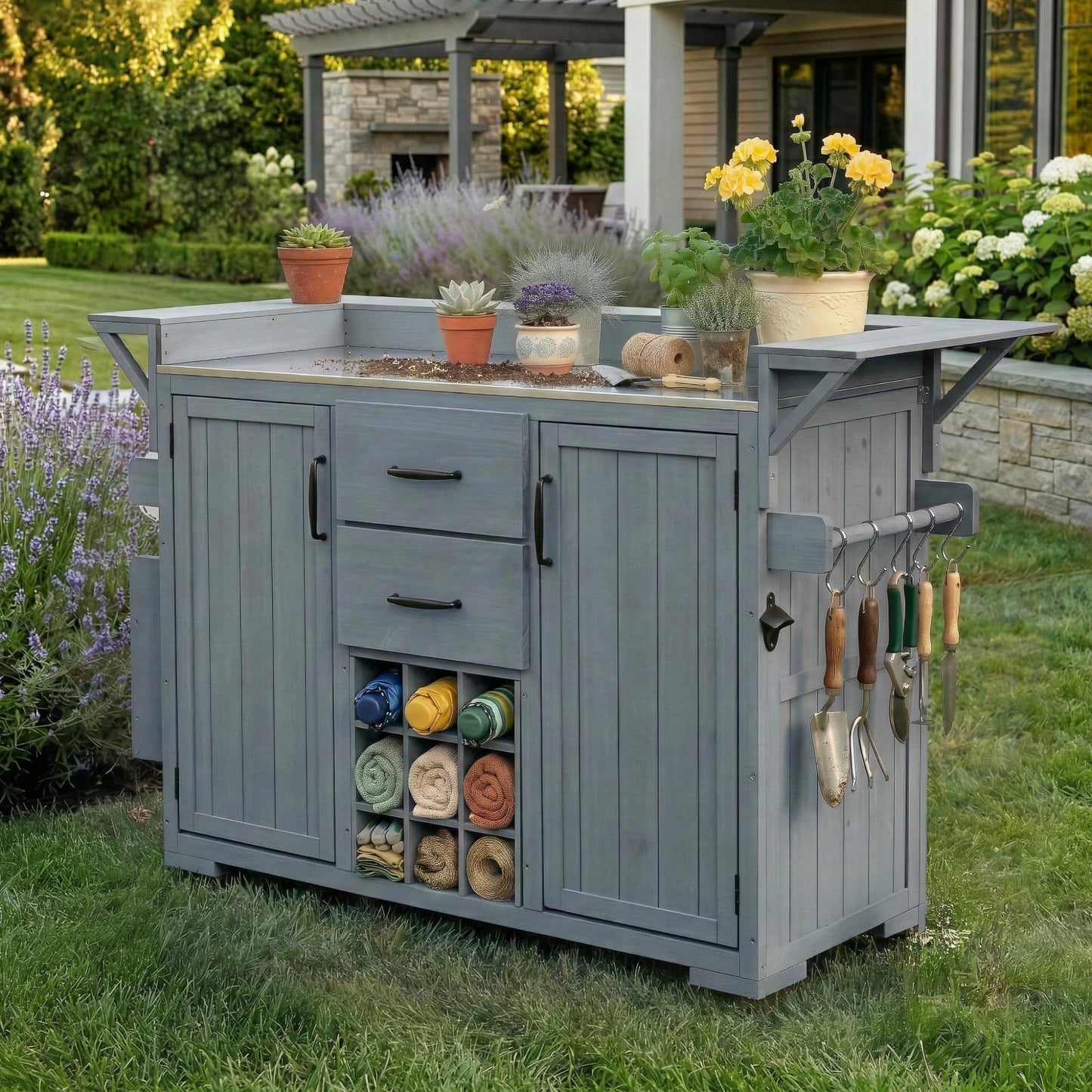 GDFStudio Elhill Patio Kitchen Island Cart with Extendable Top, Wooden Outdoor Storage Cabinet with Stainless Steel BBQ Prep Table Top, Wine Rack, Spice Rack, Drawers and Lockable Wheels, Gray