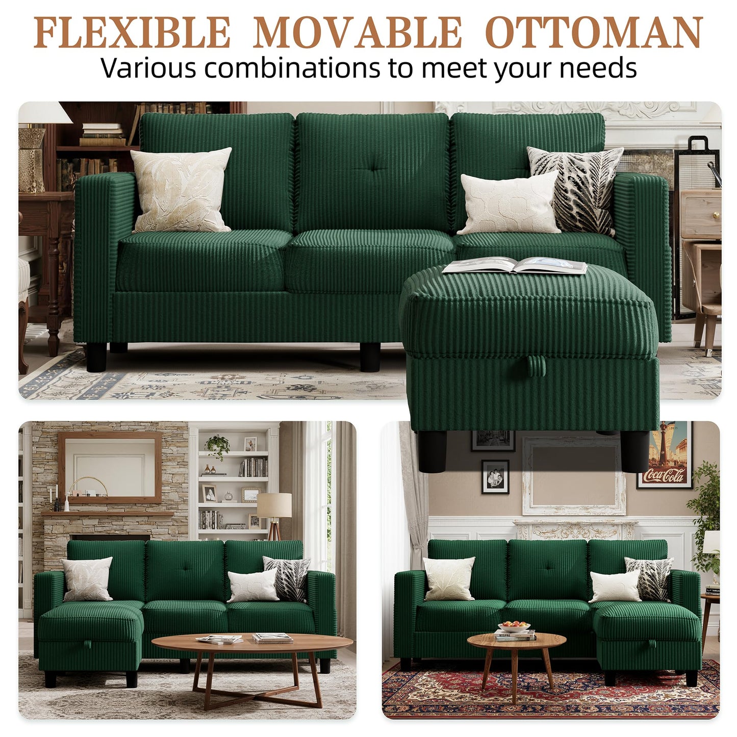 Shintenchi 76" Modern Upholstered Sectional Sofa, L-Shaped Couch with Storage Ottoman and Reversible Chaise for Living Room, Green Linen Fabric