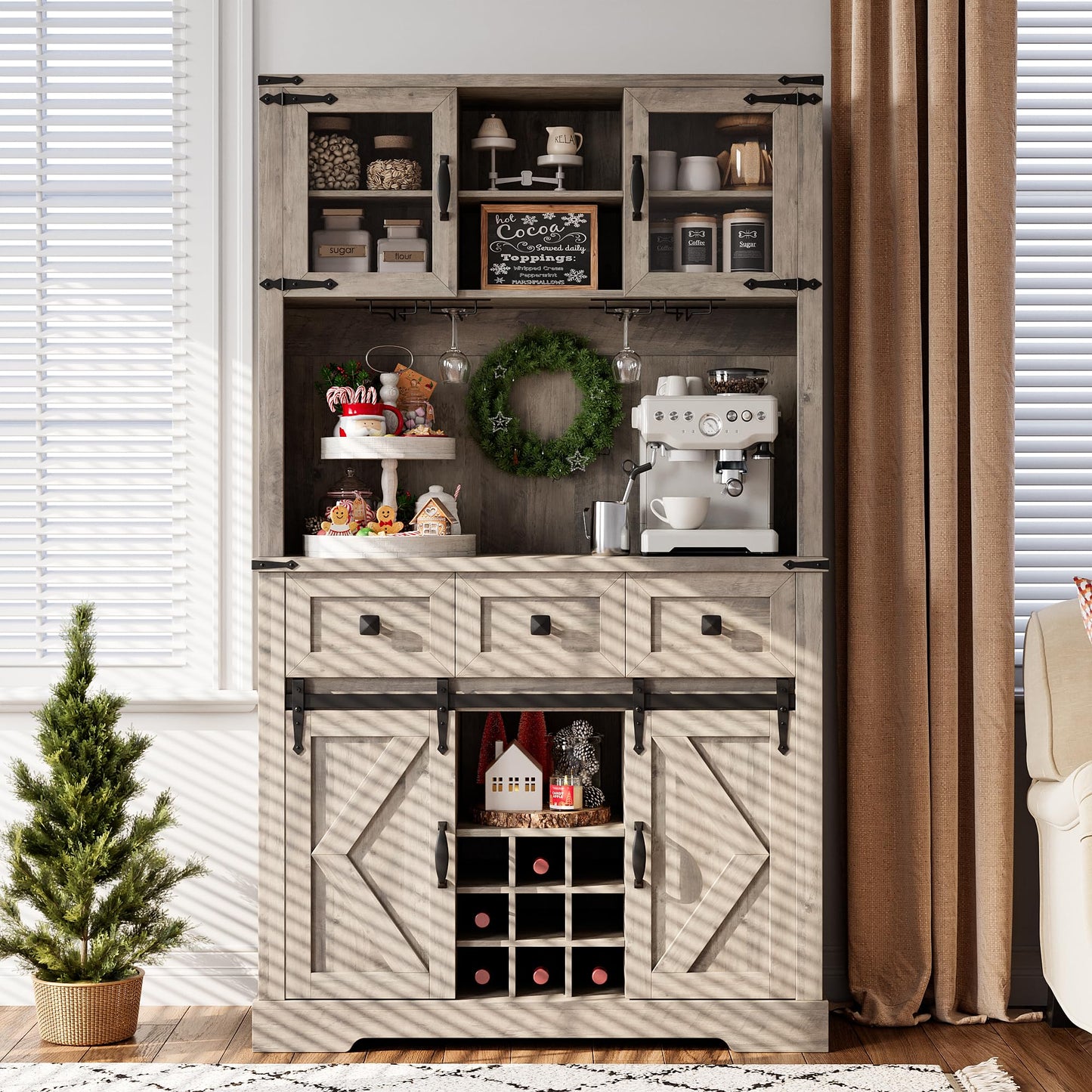 MegaChoice 72" Farmhouse Bar Cabinet with Sliding Barn Door, Tall Kitchen Buffet with Storage Hutch and 3 Drawer, Wine & Glasses Rack, Rustic Coffee Wine Bar Sideboard for Living Room