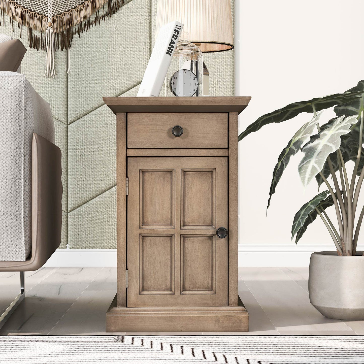 Knocbel Accent Narrow End Table with Hidden USB Ports, Pull-Out Tray, Storage Cabinet and Drawer, Living Room Sofa Couch Side Table Bedroom Bedside Table Nightstand, Fully Assembled (Antique Brown)