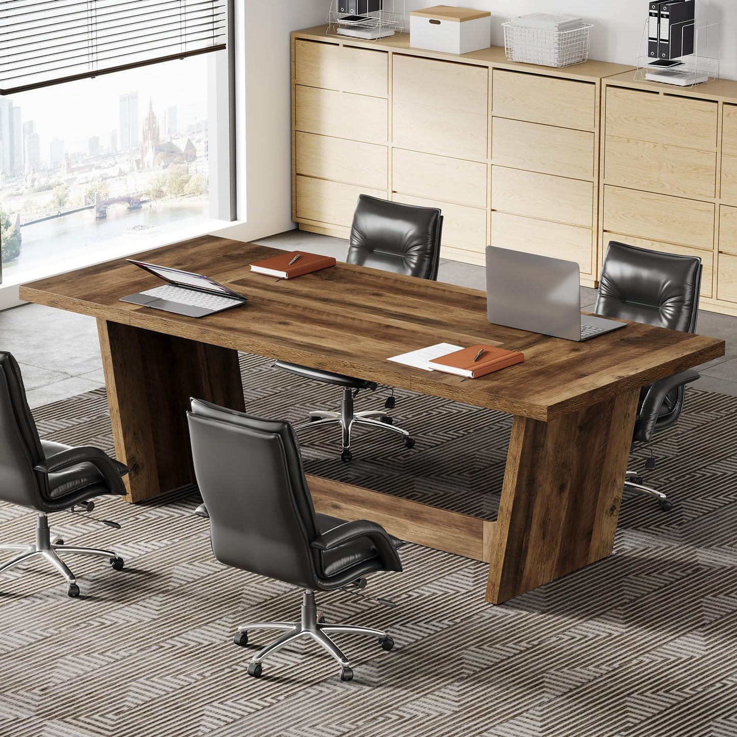 Tribesigns 6 FT Conference Room Table, 71”Large Executive Seminar Desk for 6–8 People, Rectangular Meeting Table for Office, Heavy-Duty Business Boardroom Table with Wooden Pedestal Base, Dark Brown