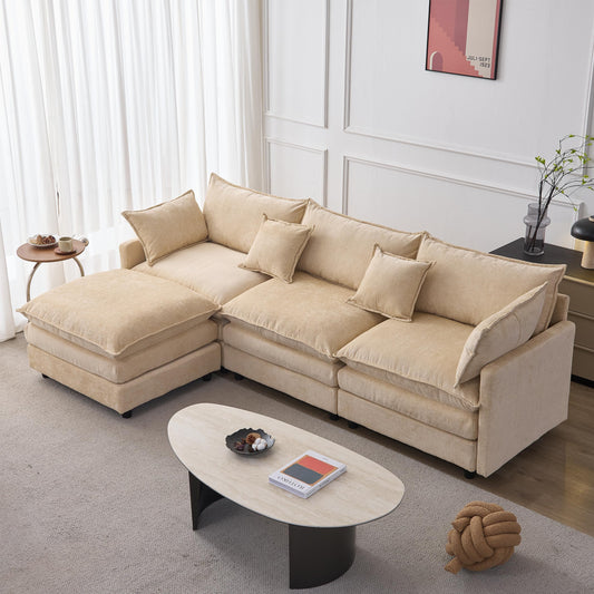 KEIKI 3 Seater Chenille Modular Sectional Couch Sofa with Ottoman, Double-Layer Seat Cushions & Back Cushions, Modern L-Shape Upholstered Cloud Soft Sofa Couches Chaise Lounge for Living Room