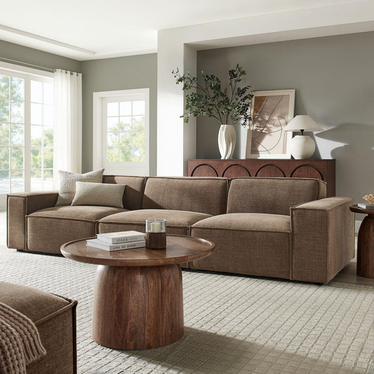 Modway Restore Performance Fabric Upholstered 3-Piece Modular Sofa Set in Mocha - Low Profile Sectional Sofa with Coil Seat Support and French Piping