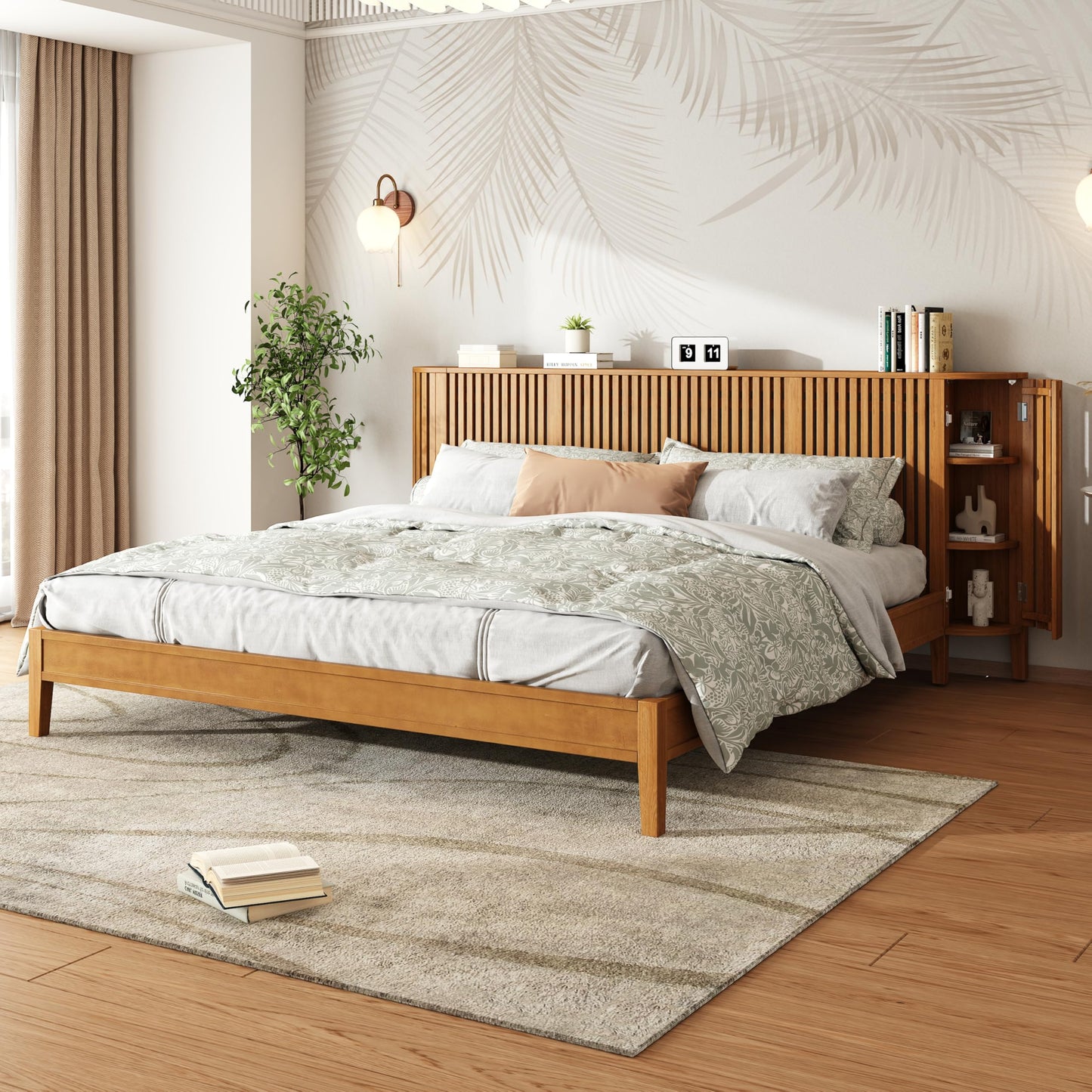 Merax Farmhouse King Size Bed Frame Slat Headboard Design with Concealed Side 3 Layers Storage Shelves, Natural Wood Platform Bed with Slats & Middle Legs, No Box Spring Needed, Bear 800 LBS