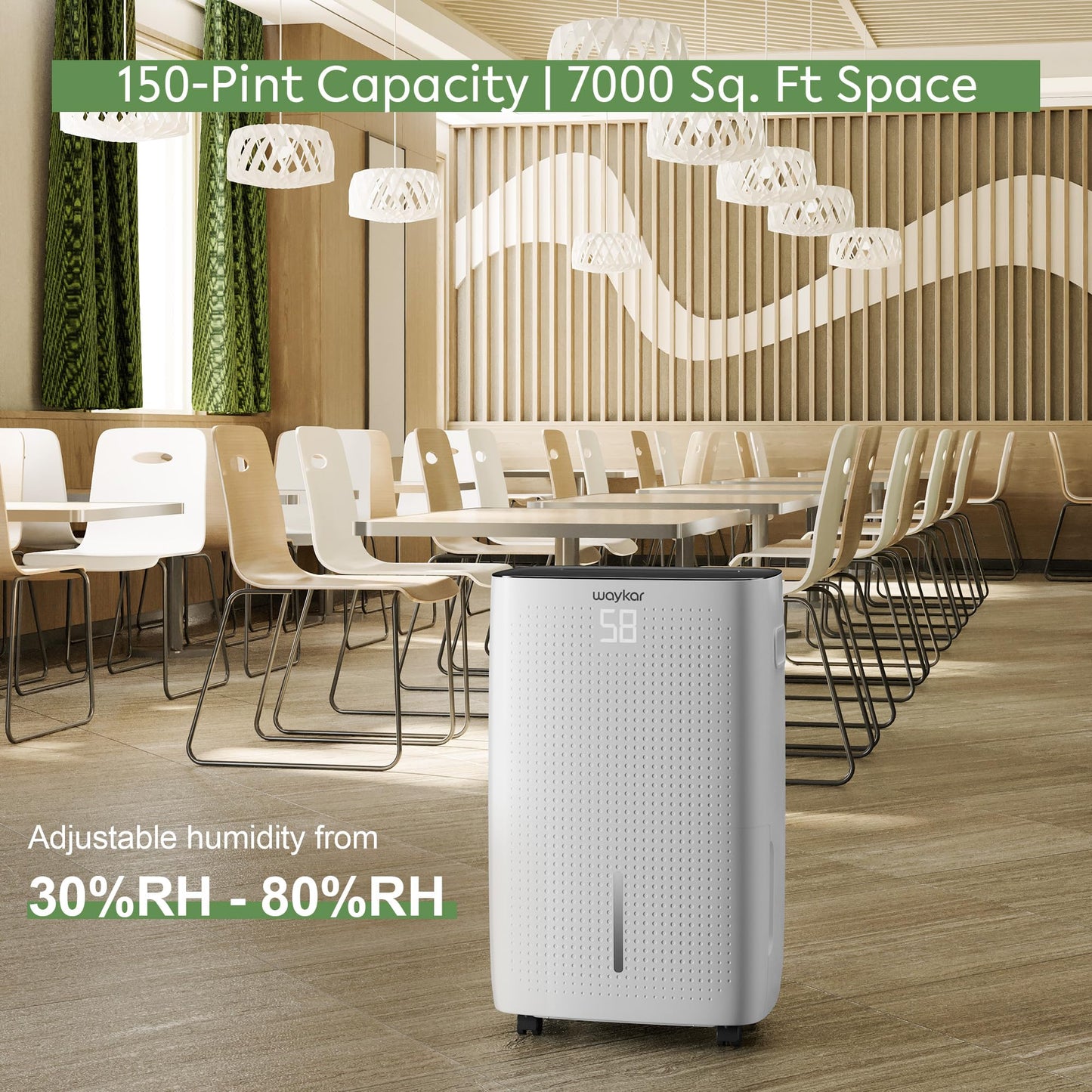 Waykar 150 Pint 7,000 Sq.Ft Dehumidifier for Basement & Home, Large Room, Smart Compressor Dehumidifier with Drain Hose & Tank for Commercial, 30%-80% Humidity Control, 92° Auto Swing, Auto Defrost.