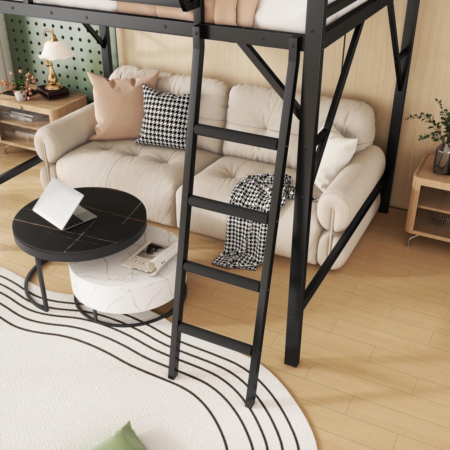 KEIKI Full Size Metal Loft Bed Frame with Ladder and Built-in Storage Shelves, for Teens, Modern Style Loft Bed with Solid Slats, Guardrail, No Box Spring Required, Easy Assembly, for Bedroom, Black