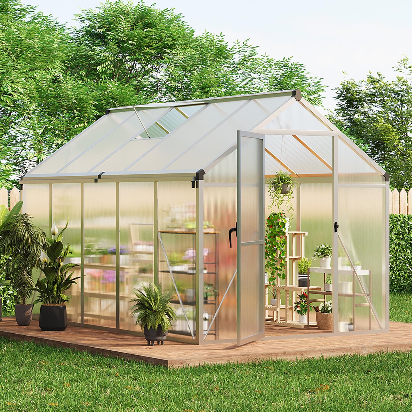Greenhouse, 6x10 Ft Outdoor Greenhouses, Greenhouse Kit, Portablee Greenhouses with Ground Nails and Vent Windows, Sliding Lockable Door, Polycarbonate Green House for Outside Garden Backyard, White