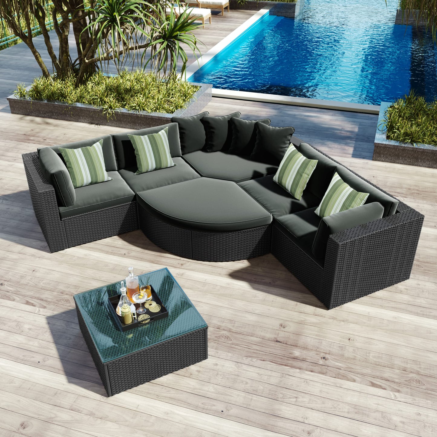 Merax 7-Piece Outdoor Wicker Sectional Sofa Set,Modular Rattan Conversation Set with Gray Cushions,Striped Green Pillows & Tempered Glass Coffee Table for Patio,Garden,Deck,Black