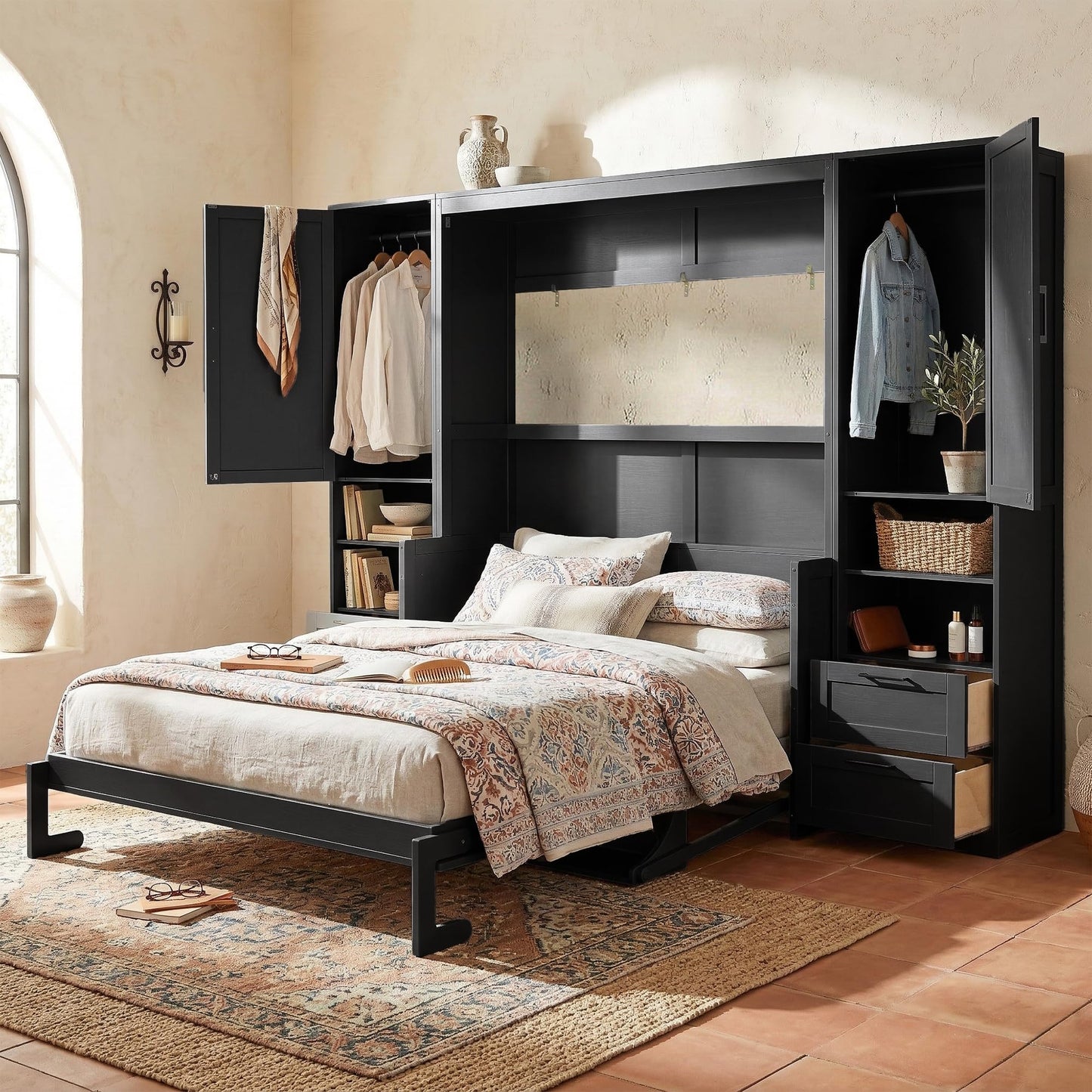 Merax Queen Size Murphy Bed with Desk, Closet, Drawers and Shelves, Fold into The Wall, Space-Saving Foldable Wood Platform Bed Frame for Small Spaces Studio Study Office Guest Room, Black(Oak Veneer)