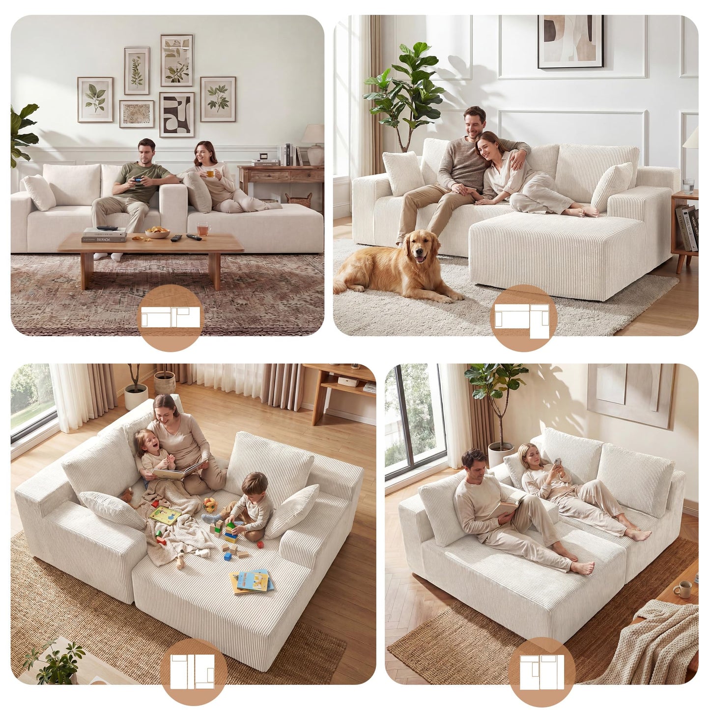 GRUSIGN Cloud Sectional Boneless Couches for Living Room, Modular L Shaped Couch with Deep Seat Oversized Right Facing Chaise, Memory Foam Compressed Spineless 3 Seater Sofa for Apartment, Beige