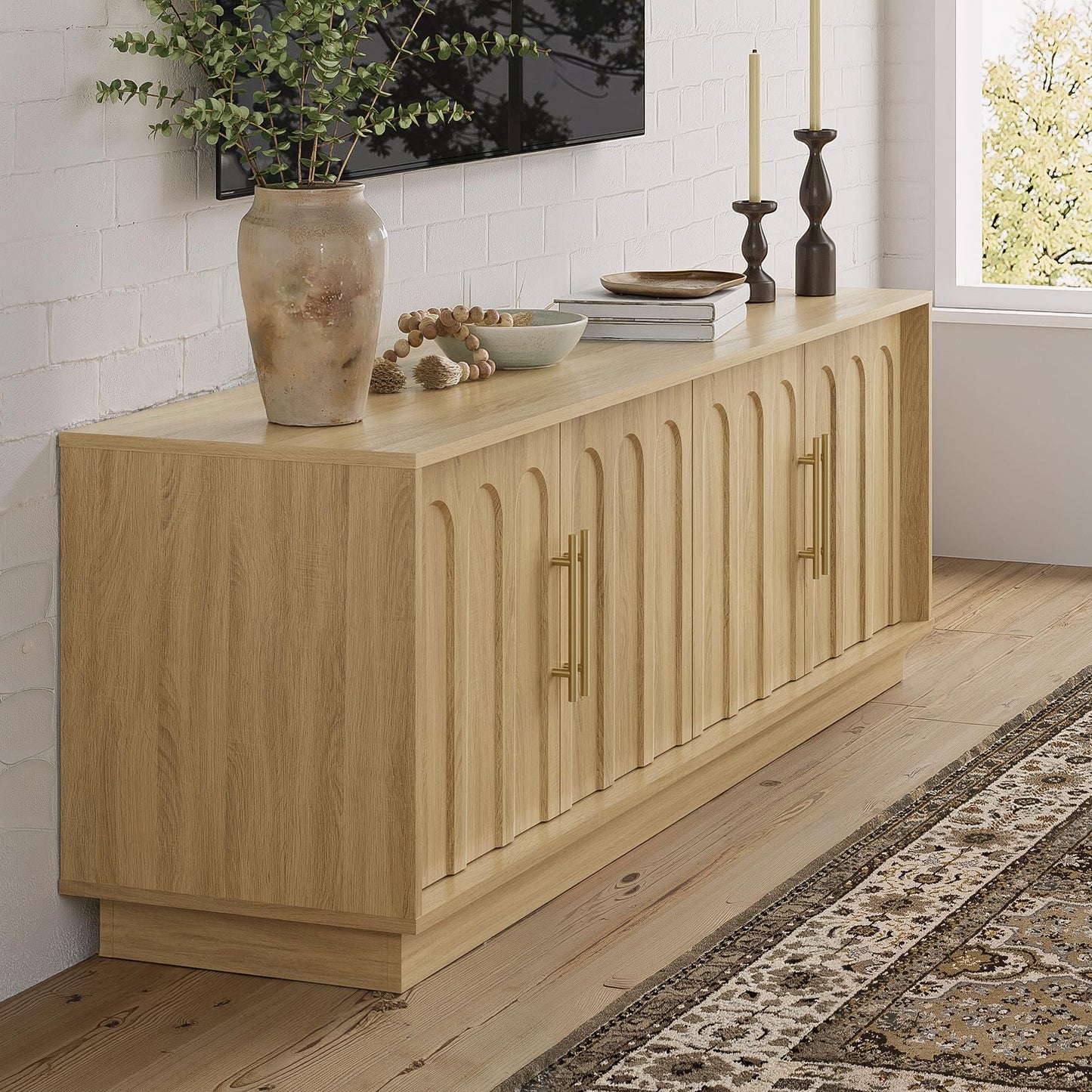 FORTUNETEC TV Stand for 75 Inch TV, Mid Century Modern TV Stand with Arched Design, Wood Grain Finish, Boho Media Console with Adjustable Shelves, 67" Entertainment Center for Living Room Bedroom, Oak