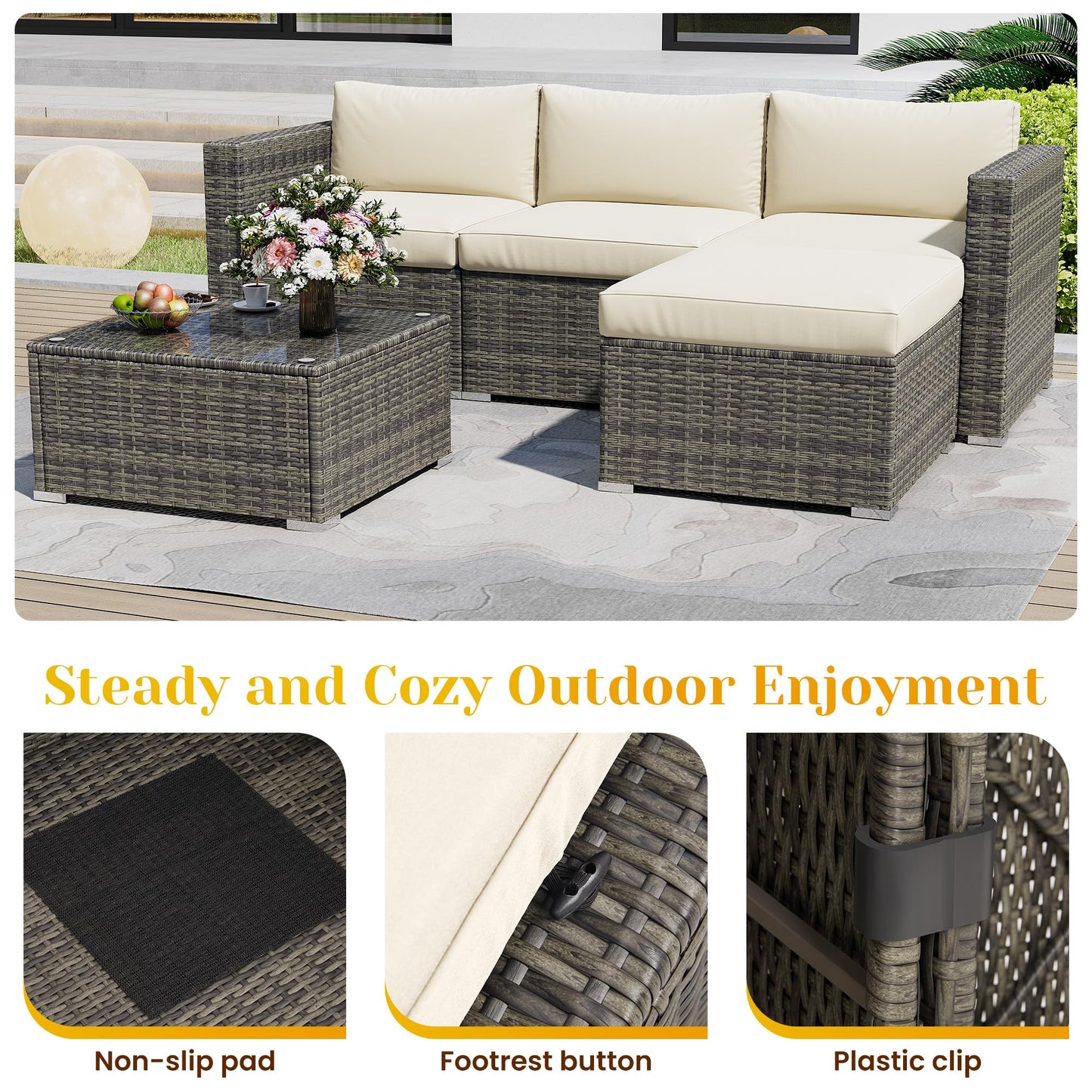 SUNVIVI OUTDOOR Outdoor Patio Furniture Set, 5 Piece Patio Conversation Set, Waterproof Wicker Patio Furniture Set, All Weather Combination Patio Conversation Sets with Cushions and Glass Table, Beige