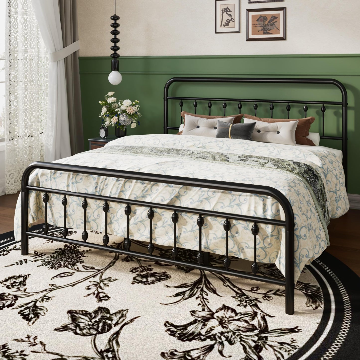 SHA CERLIN King Size Metal Platform Bed Frame with Victorian Style Iron-Art Headboard and Footboard, Easy Assembly, Under Bed Storage, No Box Spring Required, Black