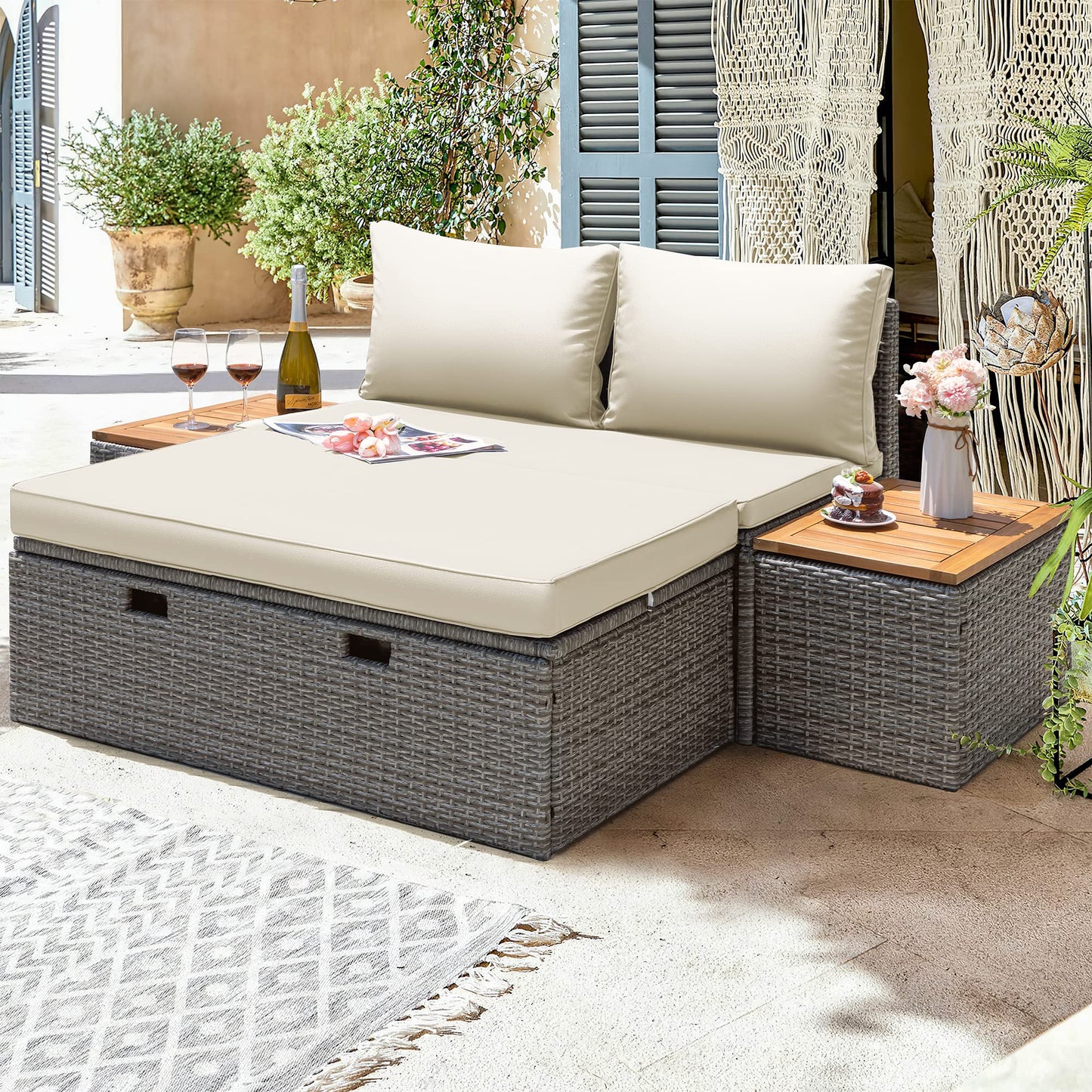Greesum Patio Furniture Set Multifunctional Outdoor Sectional Sofa Rattan Chaise Lounge Wicker Daybed with Couch, Cushions, Storage Ottoman and 2 Side Tables for Backyard Porch Poolside Lawn, White