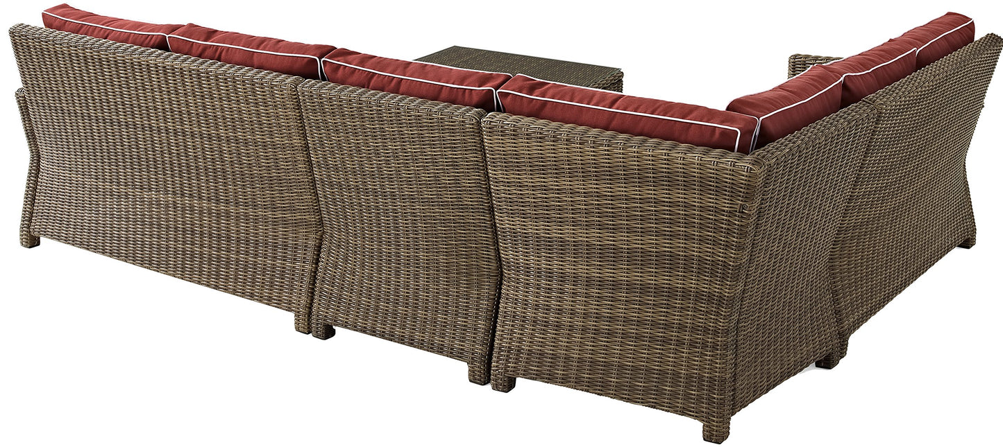 Crosley Furniture Bradenton 5-Piece Outdoor Sectional Sofa Wicker Conversation Patio Furniture Set for Deck, Brown with Sangria Cushions