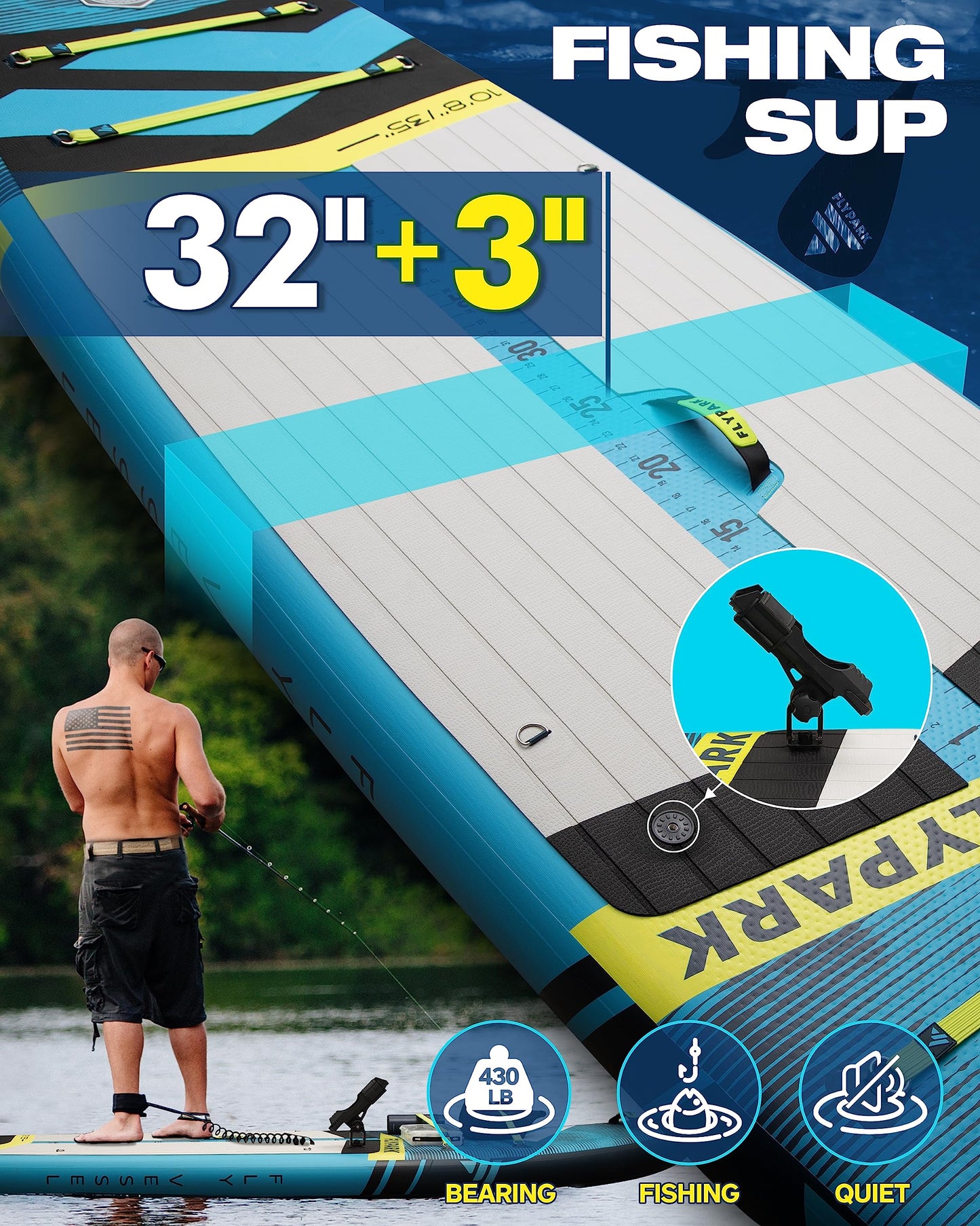 Flypark 10'8''x35'' Fishing Inflatable Paddle Board, Extra Wide SUP Paddleboard Inflatable, Fishing Stand Up Paddle Board, 2 Fish mounts, Rod Hold, Measurement, Kayak seat, Camera Mount Shoulder Strap