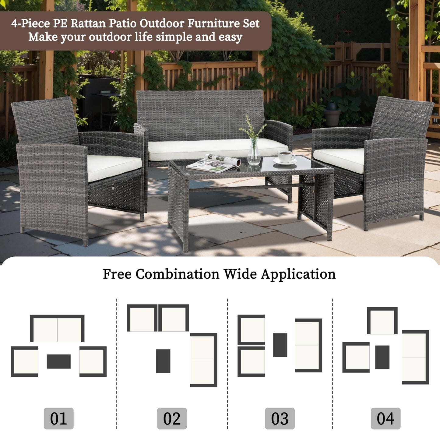 4 Piece Patio Ratten Set Outdoor Furniture Set Wicker Conversation Set with Cushions and Tempered Glass Tabletop,Beige