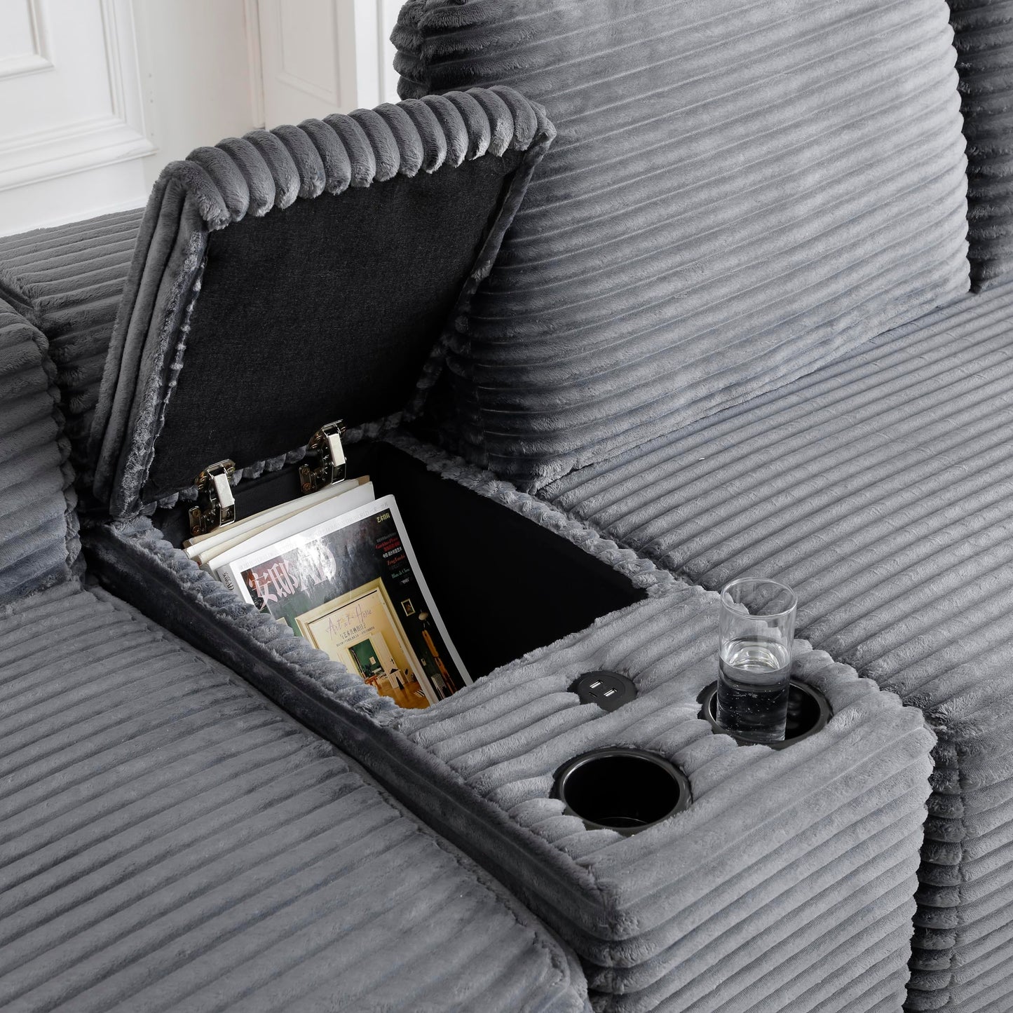 KEIKI 125" Corduroy Sectional Sofa with Two Ottomans, Upholstered Boneless Couch with Cupholders, USB Ports, Cloud Couch for Living Room, Bedroom, Office, Apartment, Gray