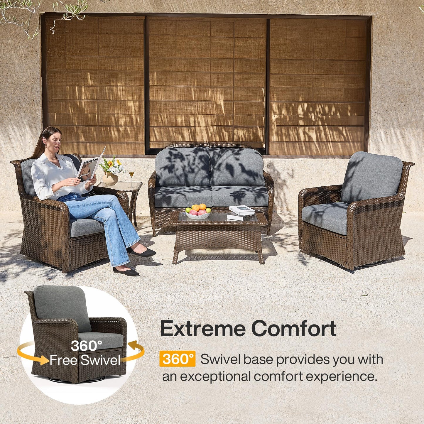 Tribesigns 5-Piece Outdoor Wicker Patio Furniture Set with 2 Swivel Chairs, 1 Loveseat & 2 Tables, Wicker Patio Chair Set with 26.8'' Deep Seat, Luxury Conversation Set for Porch, Yard, Brown/Gray