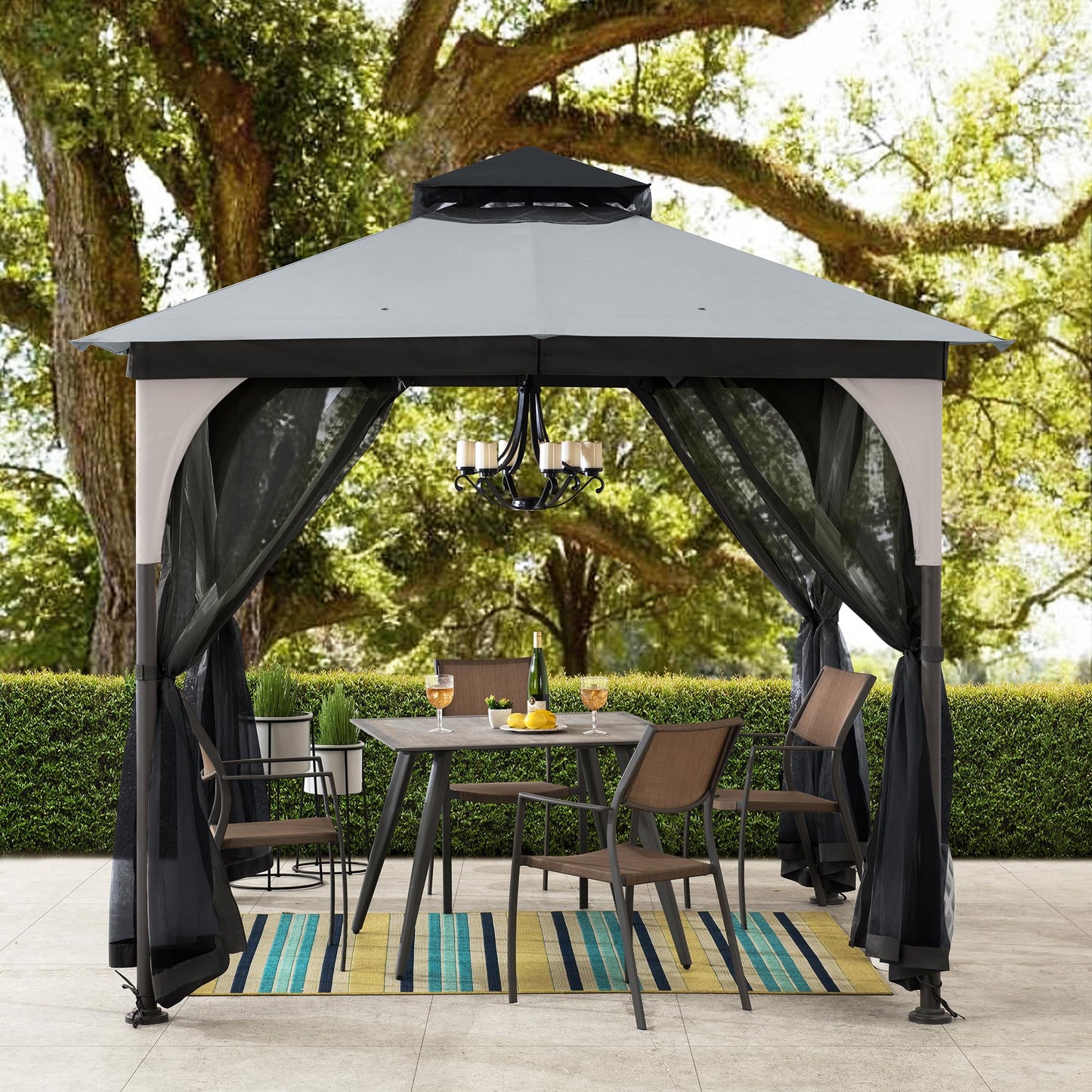 Sunjoy 9 ft. x 9 ft. Gazebo with 2-Tier Canopy Roof, Steel Frame Soft top Gazebo with Ceiling Hook and Mosquito Netting, Tan and Black