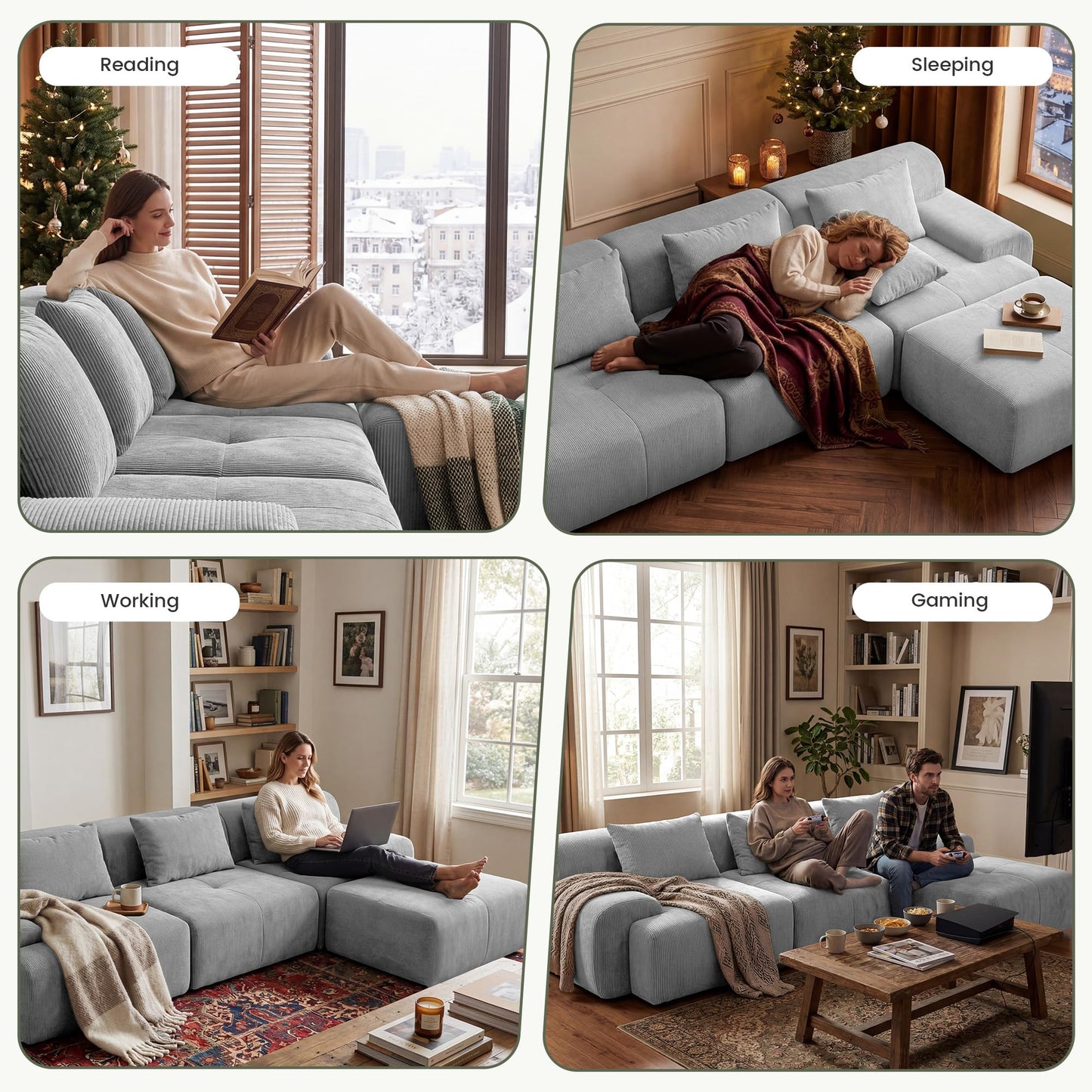 GRUSIGN 108'' Modular Sectional Boneless Couch, Tufted Cloud Sectional Couches for Living Room, L Shape Deep Seat Sofa with Ottoman & 3 Throw Pillows,Corduroy Oversized Couch,Light Grey