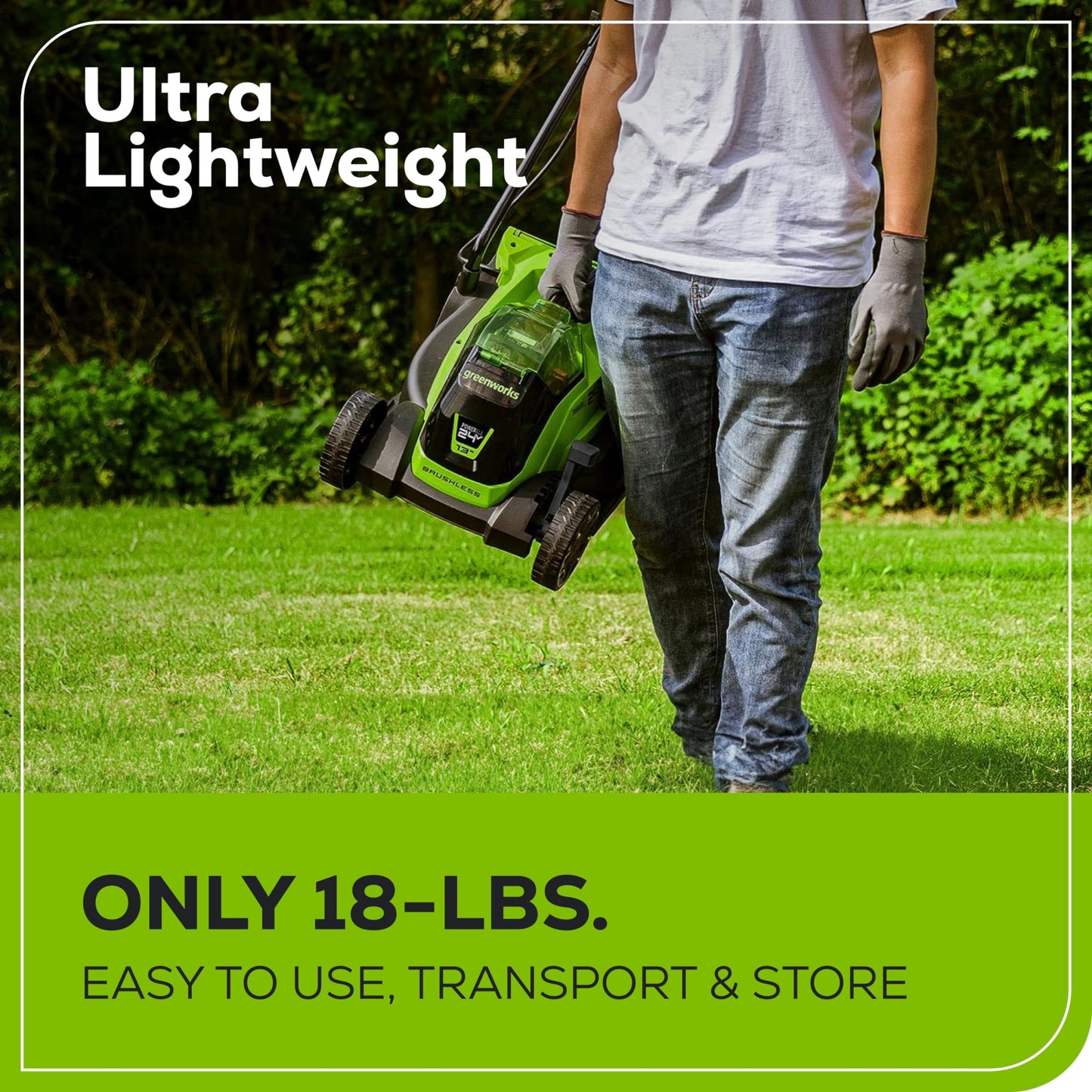 Greenworks 24V 13“ Brushless Cordless Lawn Mower with 4.0Ah Battery & Charger,Maintenance-Free Push Mower with 2-in-1 Mulch/Bag