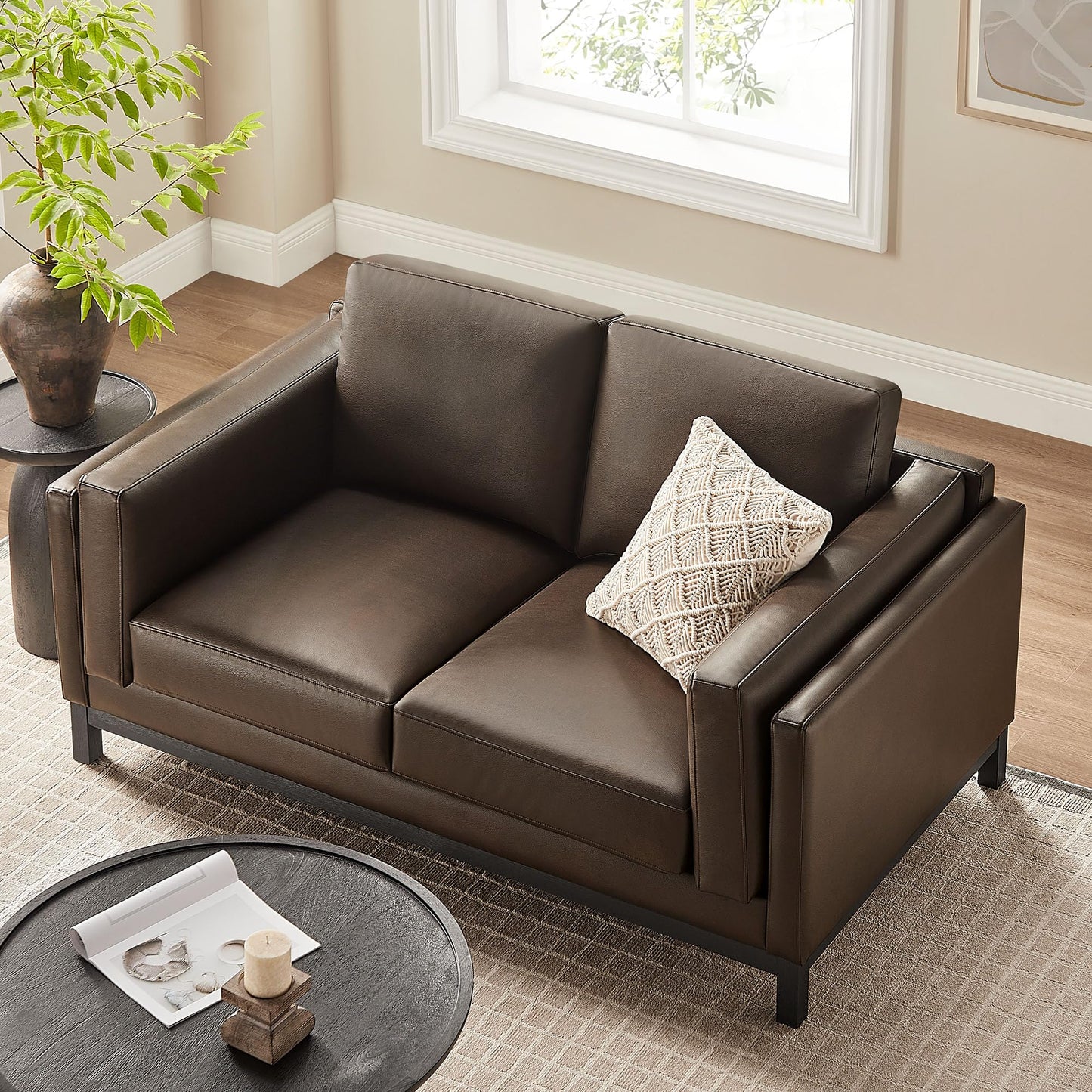 Modway Roscoe 63 Inch Vegan Leather Loveseat in Espresso - Comfortable Faux Leather 2 Seater Couch for Living Room, Apartment, or Office Seating