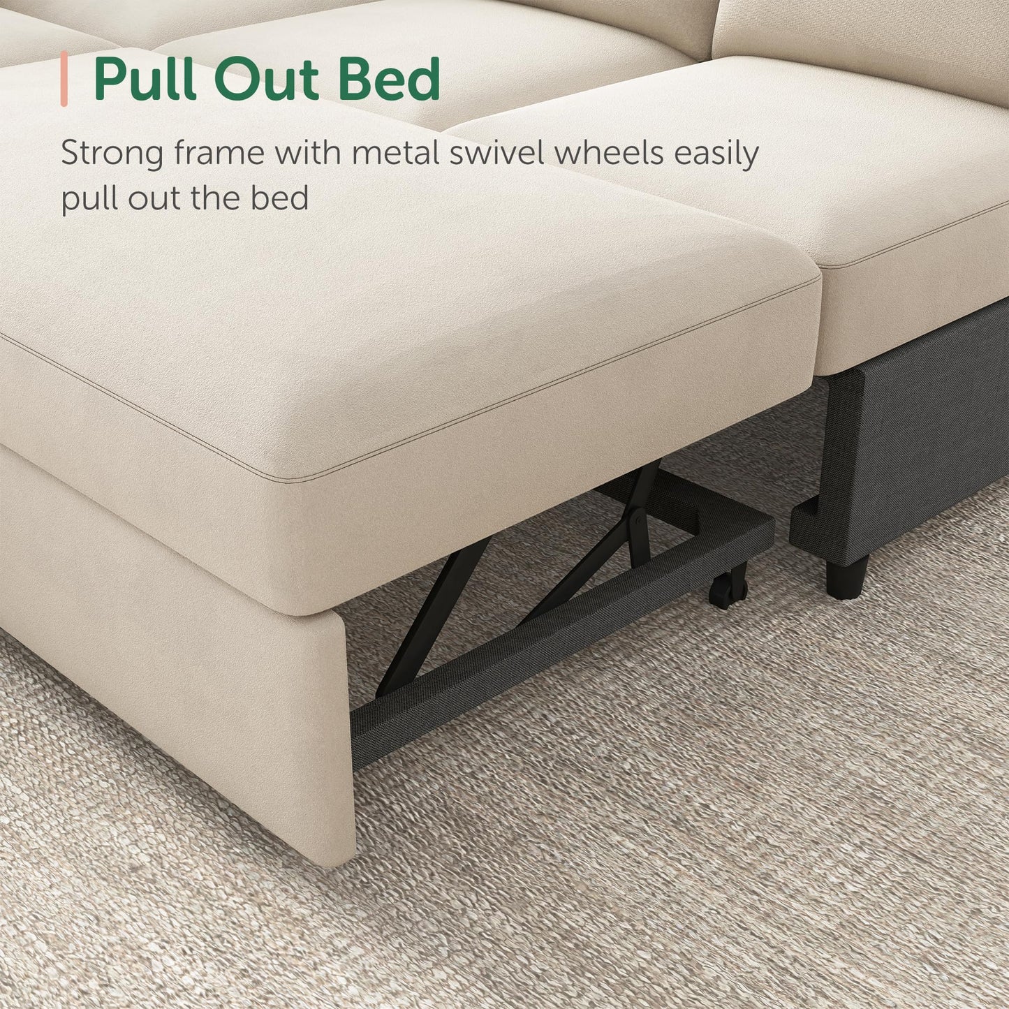 HONBAY Sectional Couch with Pull Out Bed, Sectional Sleeper Sofa with Storage, U Shape Couches for Living Room, Velvet Beige