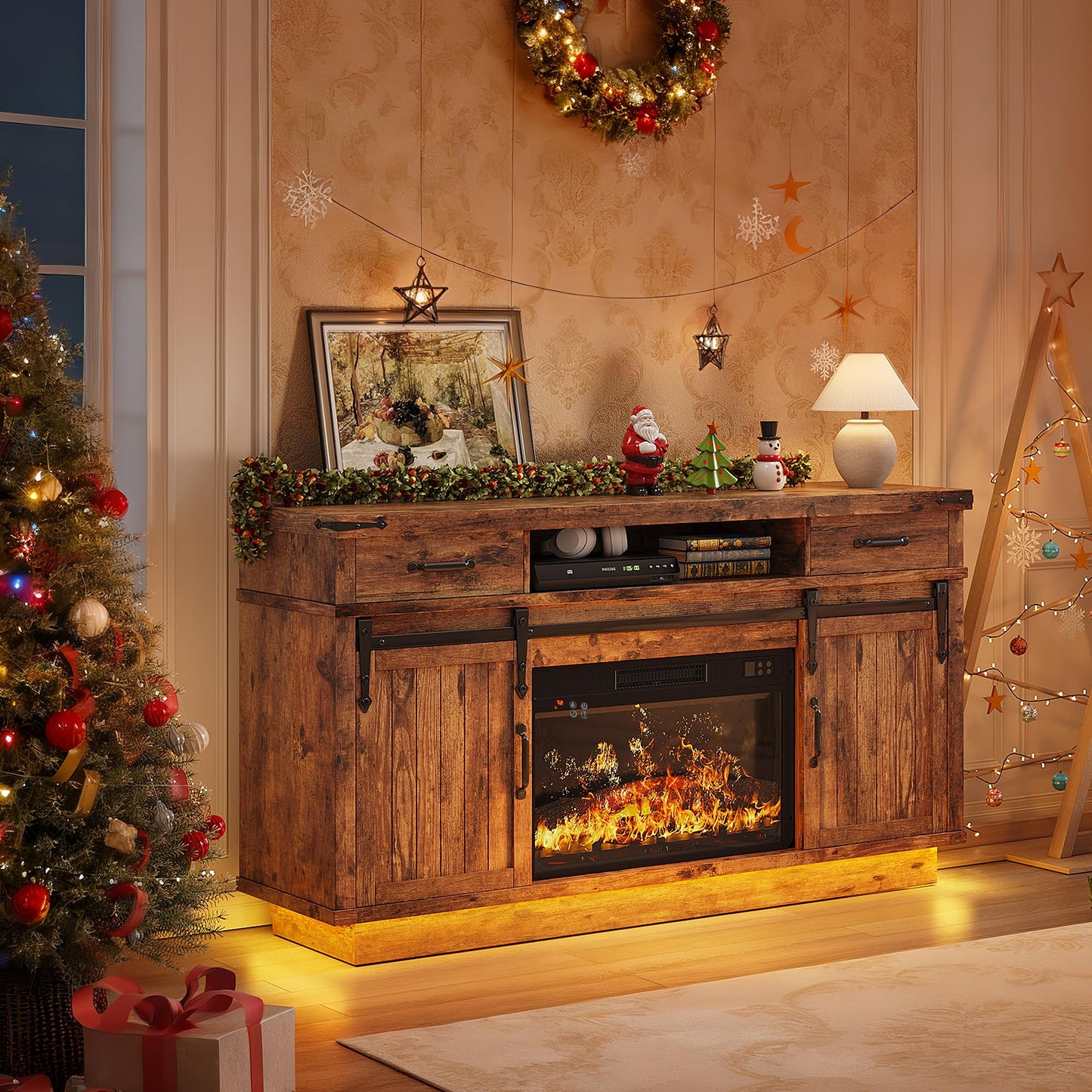 Jocoevol 58" Farmhouse Electric Fireplace TV Stand for TVs up to 65", Entertainment Center with 2 Large Storage Drawers, Sliding Barn Doors, Adjustable Shelves, TV Console for Living Room - Brown