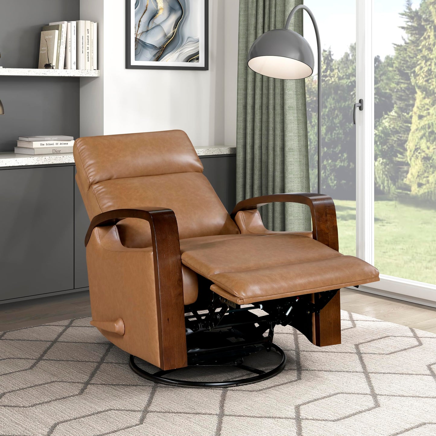 Lexicon 360 Degree Swivel Glider Reclining Chair, Breathable Faux Leather Manual Recliner, Comfy Nursery Glider Recliner, Wood Arms, Pull Handle for Living Room/Office/Bedroom/Apartment, Camel Brown