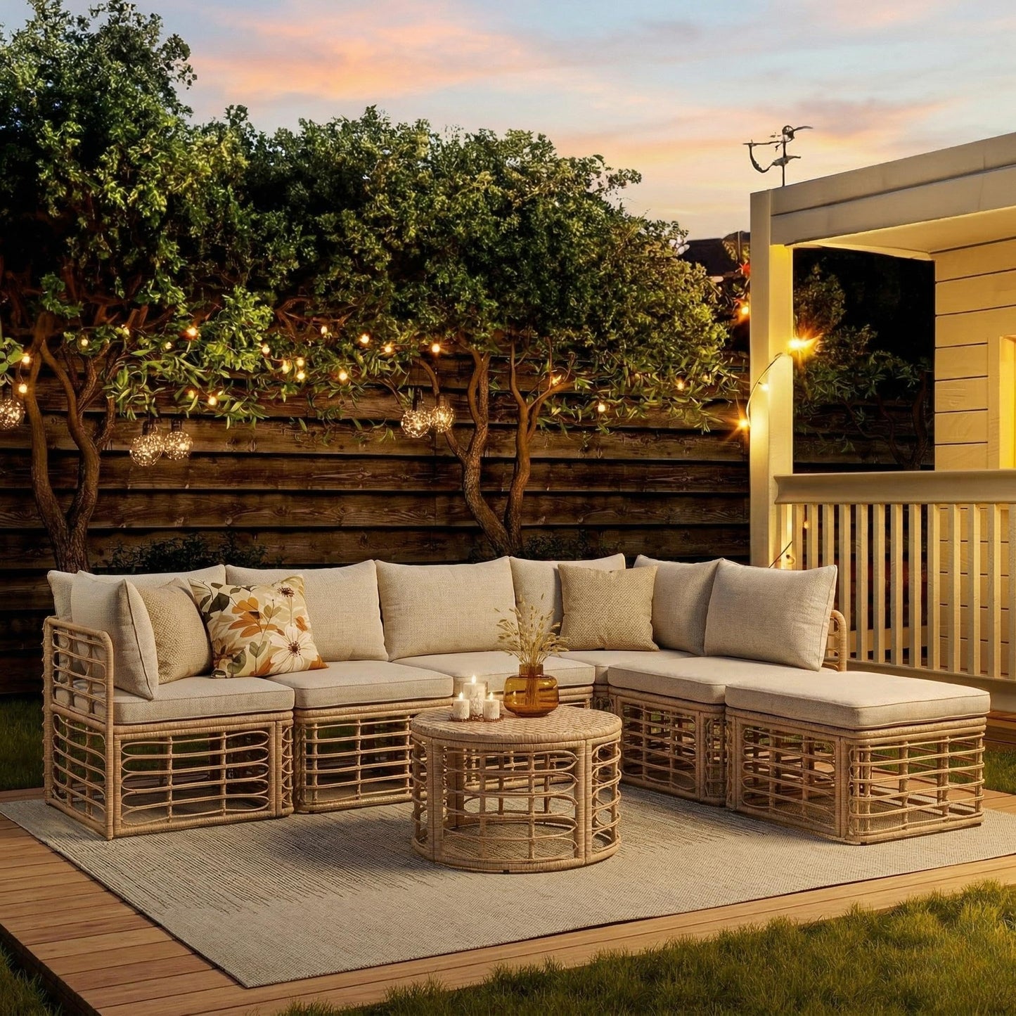 Merax 7 Pieces Rattan Outdoor Patio Furniture Set, All-Weather Sectional Sofa Set with Thick Cushions and Pillows, Freely Combined Conversation Sets for Garden Backyard Balcony (Brown)