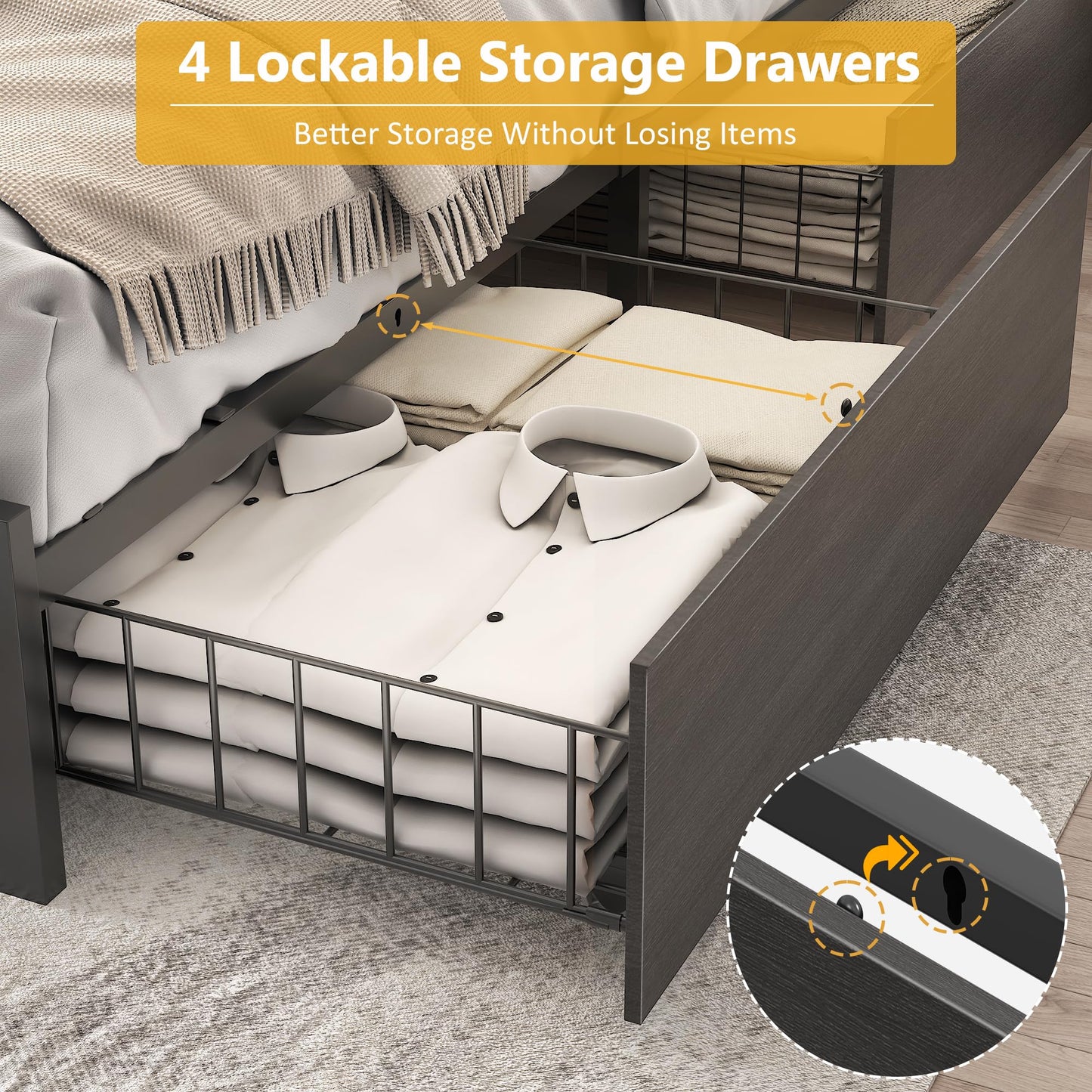 Lifezone Queen Bed Frame with 2-Tier Storage Headboard, Metal Platform Bed Frame with 4 Storage Drawers, Built in Charging Station & LED, Noise-Free/Metal Support/No Box Spring Needed, Rustic Grey