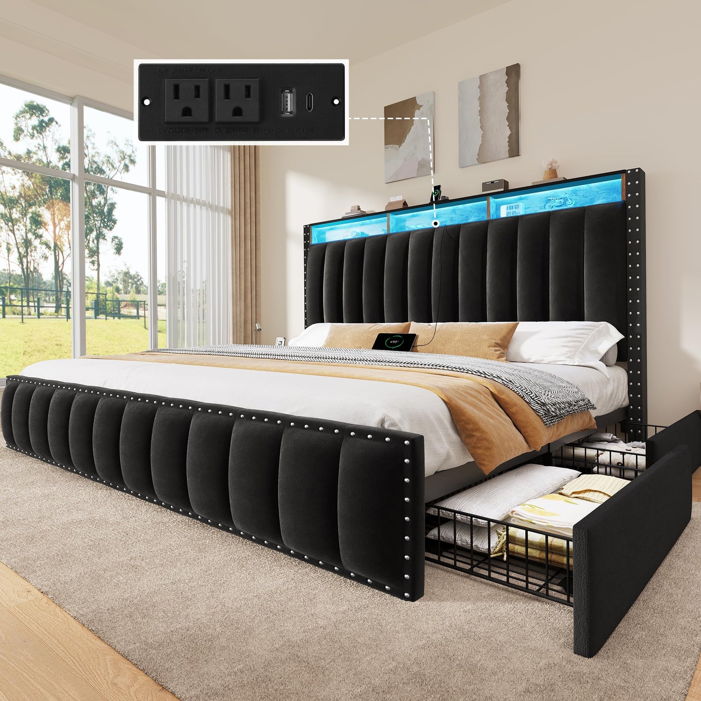 DWVO King Size Bed Frame with 4 Storage Drawers and RGB LED Lights, Velvet Upholstered Platform Bed with Charging Station and Bookcase Storage Headboard, No Box Spring Needed, Easy Assembly, Black