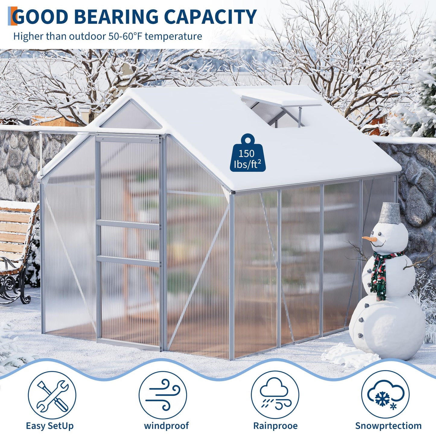 IDEALHOUSE 6 x 8FT Greenhouse for Outside, Polycarbonate Greenhouses with Aluminum Frame, Sliding Door, Adjustable Roof Vent for Backyard, Outdoor Green Houses Garden Backyard, Patio