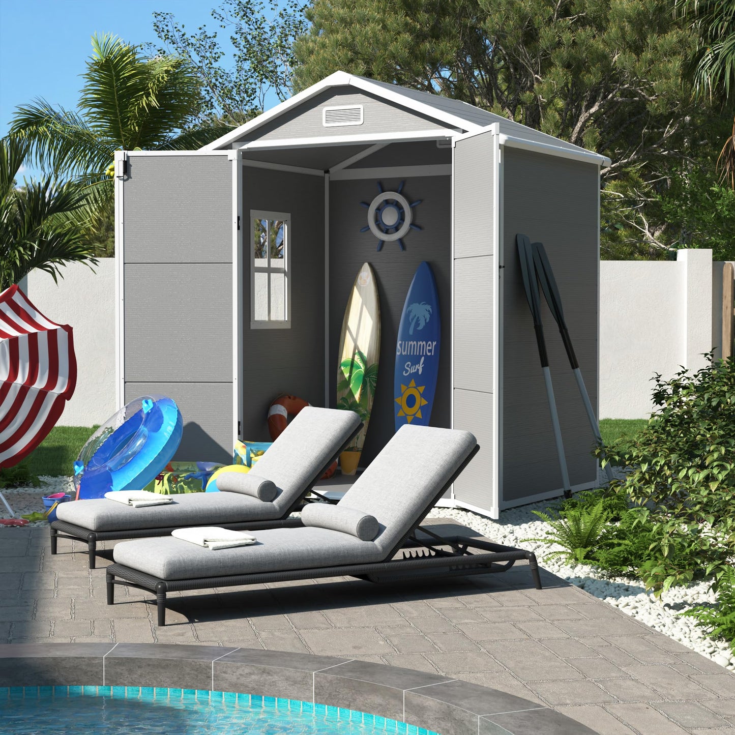 UDPATIO Outdoor Resin Storage Shed 6x4 FT, Plastic Garden Shed for Bike, Garbage Can, Tool, Outside Sheds with Lockable Door for Backyard, Patio, Lawn, Grey & White