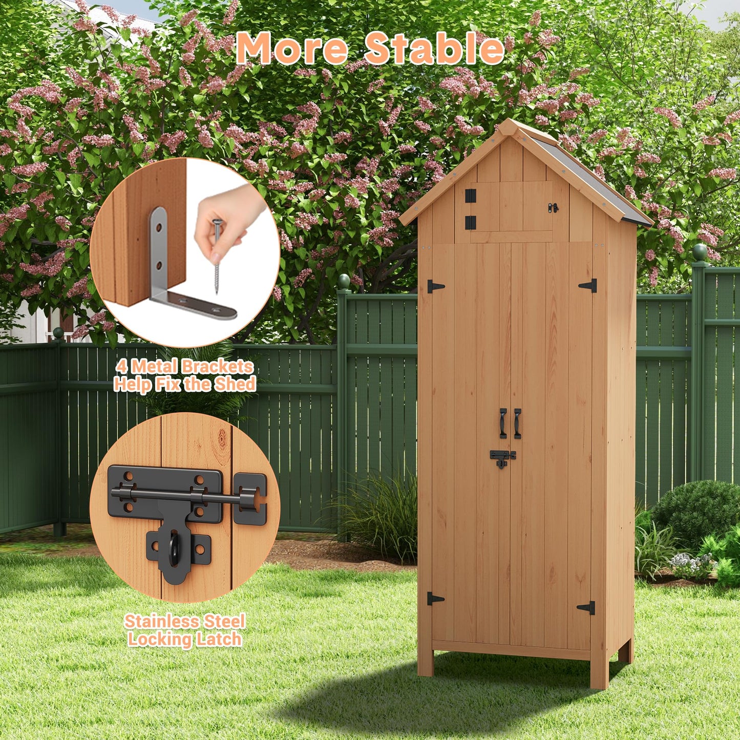 70in Tall Outdoor Storage Shed, Waterproof Wooden Garden Tool Shed with 4 Shelves and Lockable Doors, Vertical Outdoor Storage Cabinet for Patio Yard Lawn