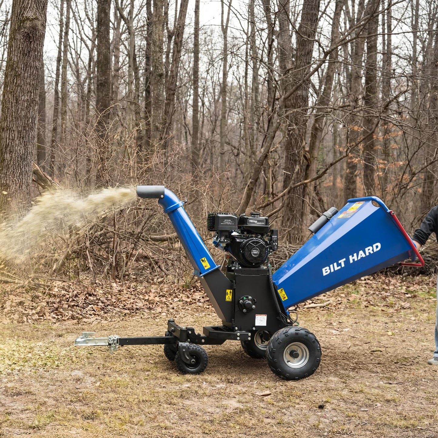 BILT HARD 6 Inch 420cc 15HP E-Start Gas Powered Drum Wood Chipper, 4-Wheels Towable Leaf Branch Shredder Mulcher with Tow Bar, Emergency Stop Bar