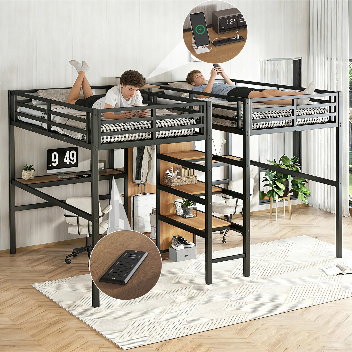 Bellemave Twin Over Twin Metal Loft Bed with Desk and Wardrobe for 2 Kids,Twin Size Heavy Duty Double Loft Bed Frame with Charging Station and Shelves for Boys,Girls,Adults,Woodgrain