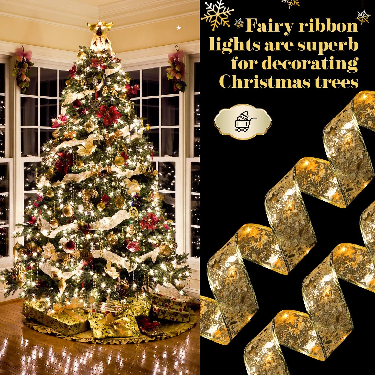 Sherr 79ft Christmas Ribbon Lights, 240 LED Fairy Lights, Battery Operated, Gold, Model SH-79FT-240-G-HD