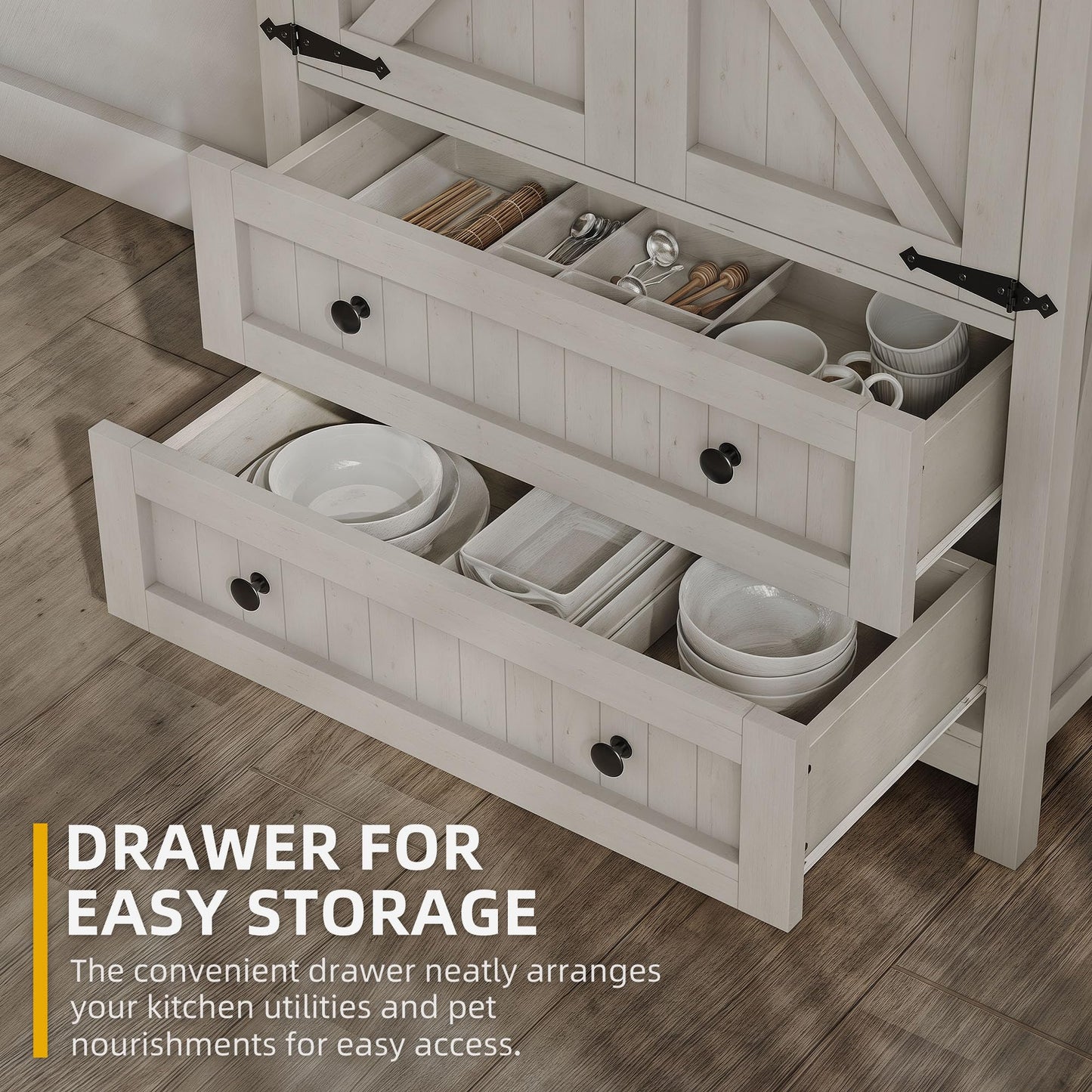 DWVO 64.5" H Kitchen Pantry Cabinet, Storage Cabinet with Barn Doors, 2 Drawers and Adjustable Shelves, Farmhouse Cupboard for Dining Room, Living Room, Bathroom, Off White
