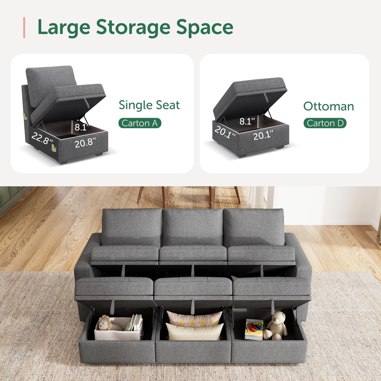 HONBAY Modular Sectional Couch Sleeper Sofa Bed with Storage Seats Oversized Sectional Couches for Living Room,Grey