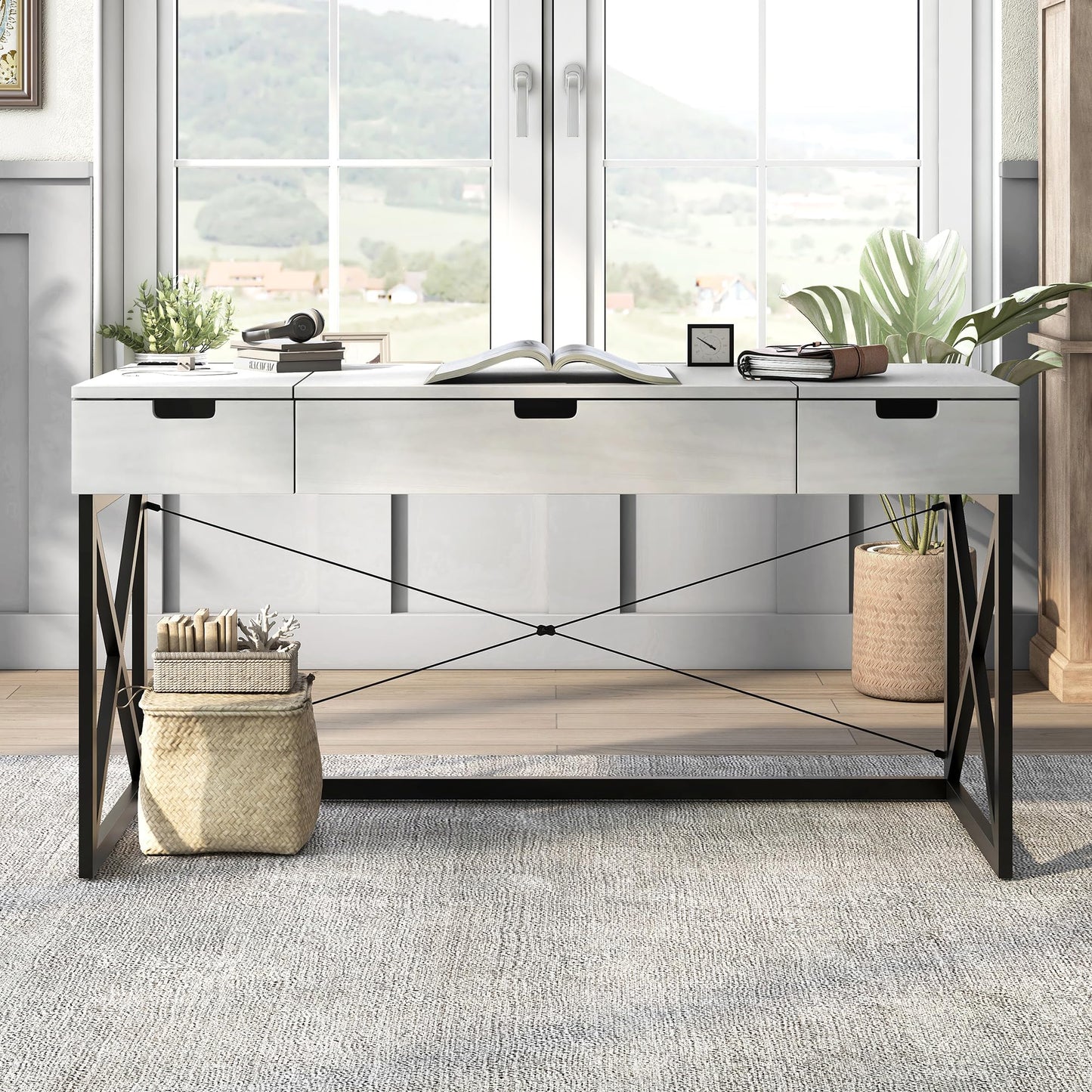 24/7 Shop at Home Ashiya Transitional 2 Drawers Metal Hidden Storage Desk with Lift-Top, USB Port, Power Outlet for Workstation, Home Office, Study Room, Antique White