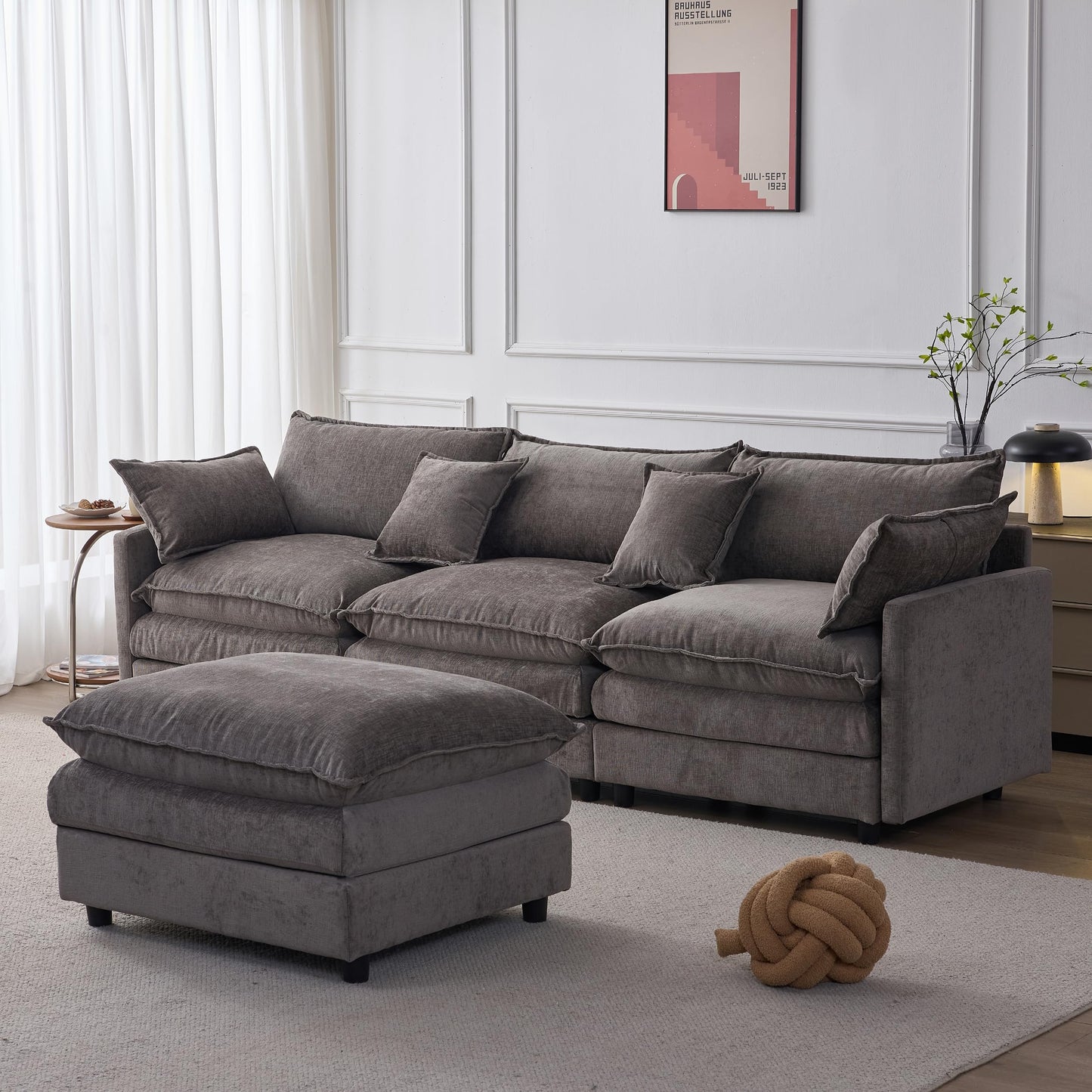 KEIKI 3 Seater Chenille Modular Sectional Couch Sofa with Ottoman, Double-Layer Seat Cushions & Back Cushions, Modern L-Shape Upholstered Cloud Soft Sofa Couches Chaise Lounge for Living Room
