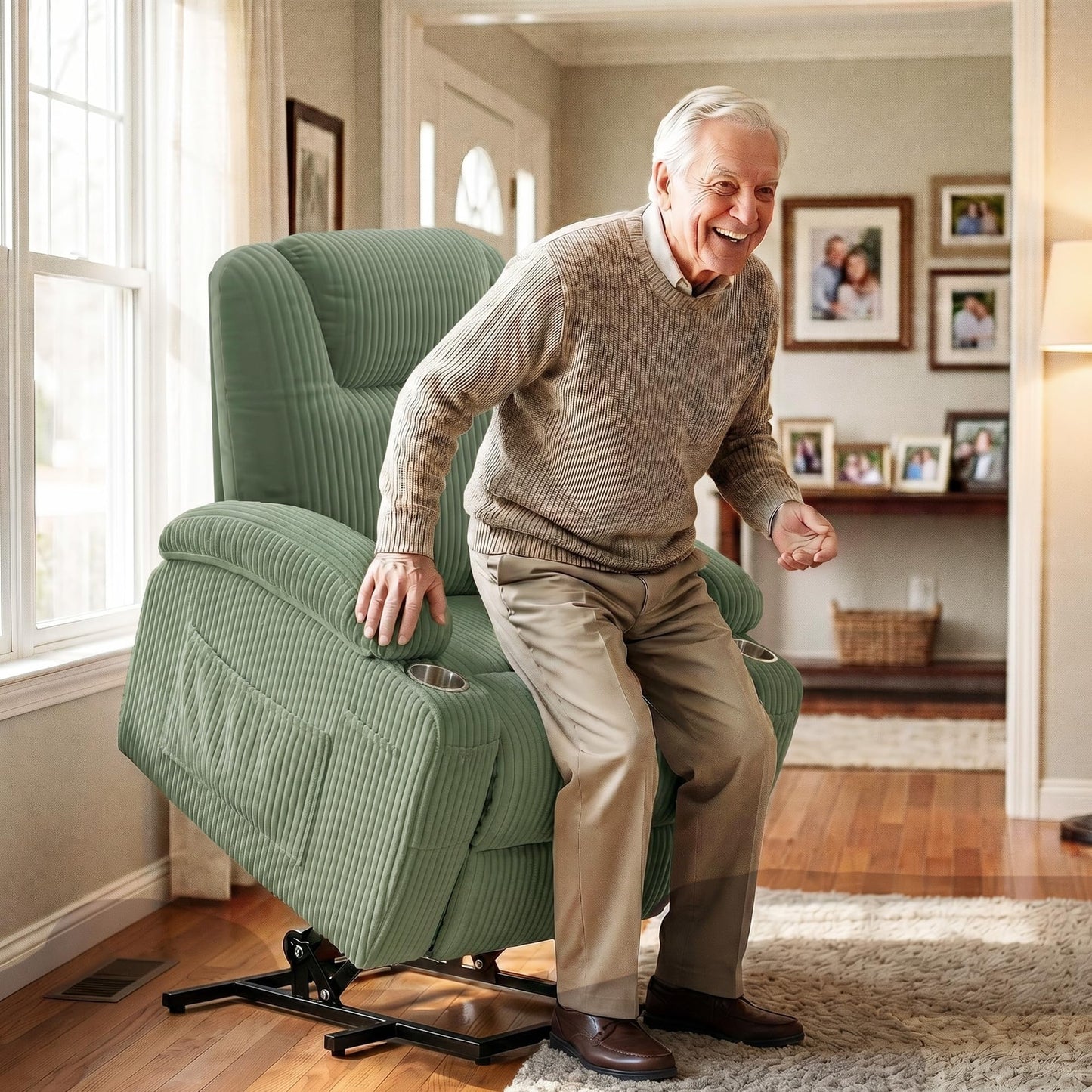 Flamaker Power Lift Chair Massage Recliner Chairs for Elderly, Corduroy Ergonomic Design with Cup Holders & Side Pockets, Remote Control (Green)