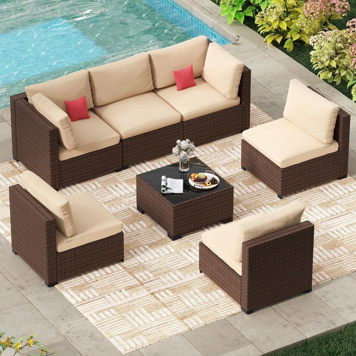 LHBcraft 7 Piece Outdoor Patio Furniture Set, Wicker Hand-Woven Patio Furniture Set Outdoor Patio Sectional Sofa for Backyard Rattan Seating with Beige Cushion