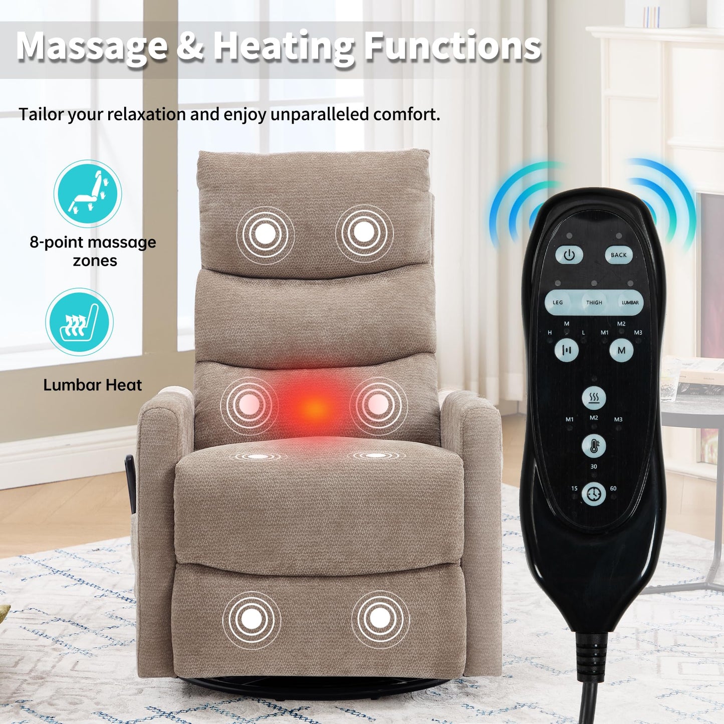 KEIKI Heat Massage Manual Recliner Chair, 360° Swivel Rocker with Lumbar Heat, Chenille Fabric Square Arms, Vibration Massage 8-Point Nodes, Heavy Duty Metal Base for Living Room Primary Space, Khaki